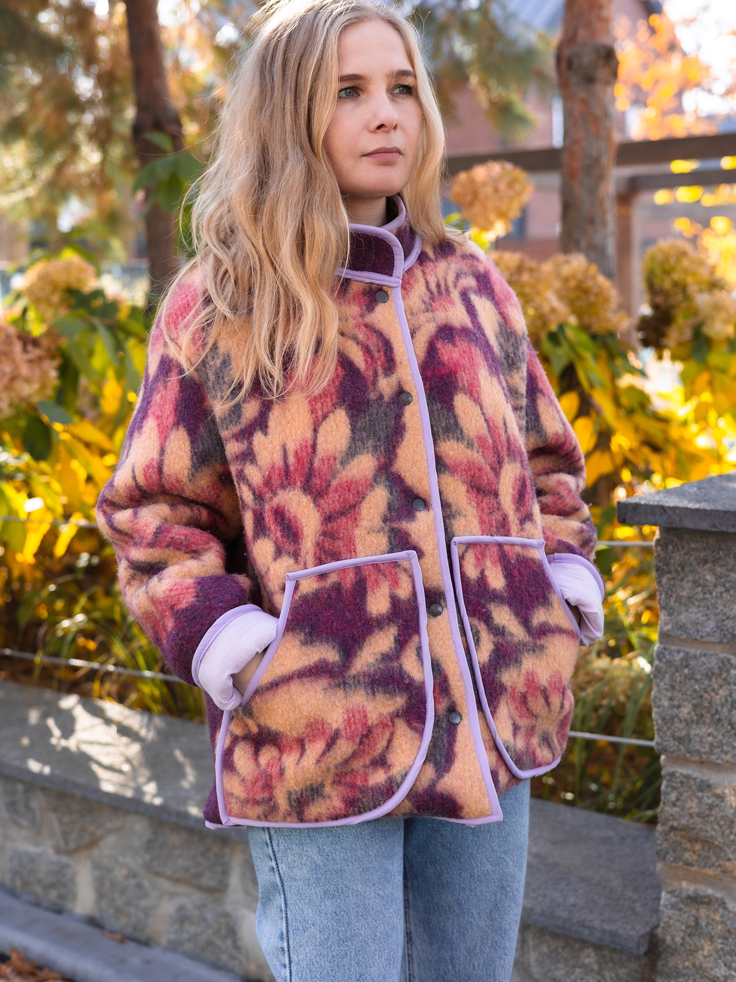 Wool Blanket Jacket pink red, Upcycled Coat, Handmade Oversized Plaid Jacket M/L