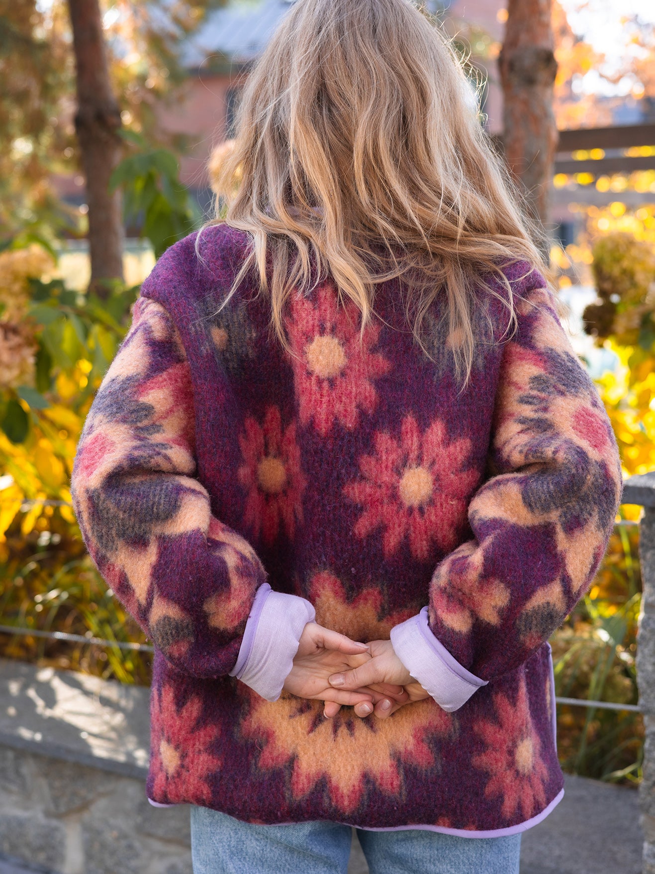 Wool Blanket Jacket pink red, Upcycled Coat, Handmade Oversized Plaid Jacket M/L