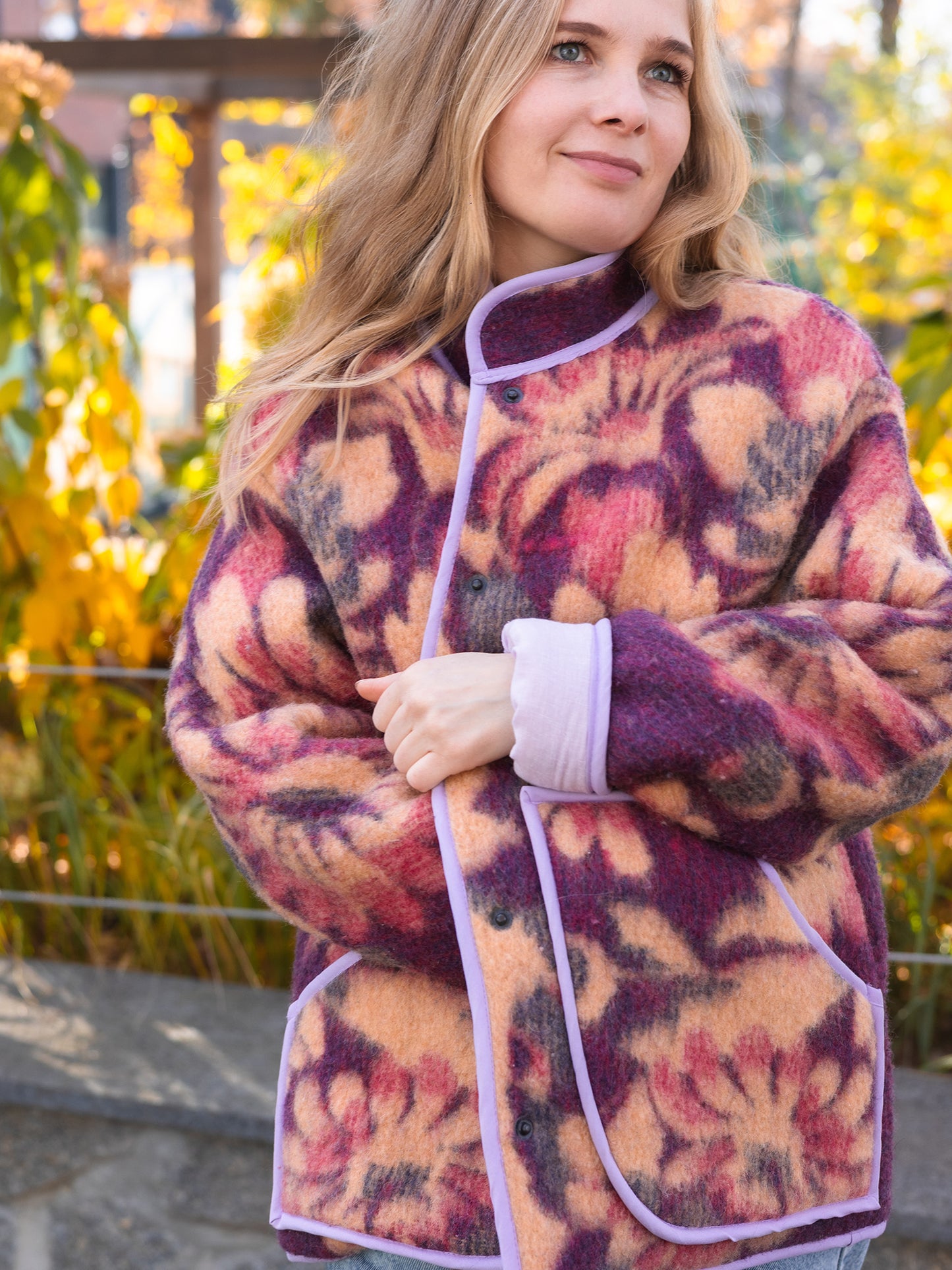 Wool Blanket Jacket pink red, Upcycled Coat, Handmade Oversized Plaid Jacket M/L