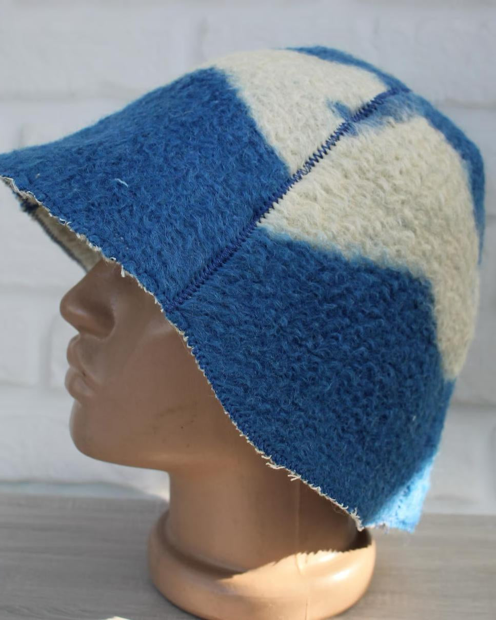 front view upcycled blue sauna hat wool handmade from vintage blanket
