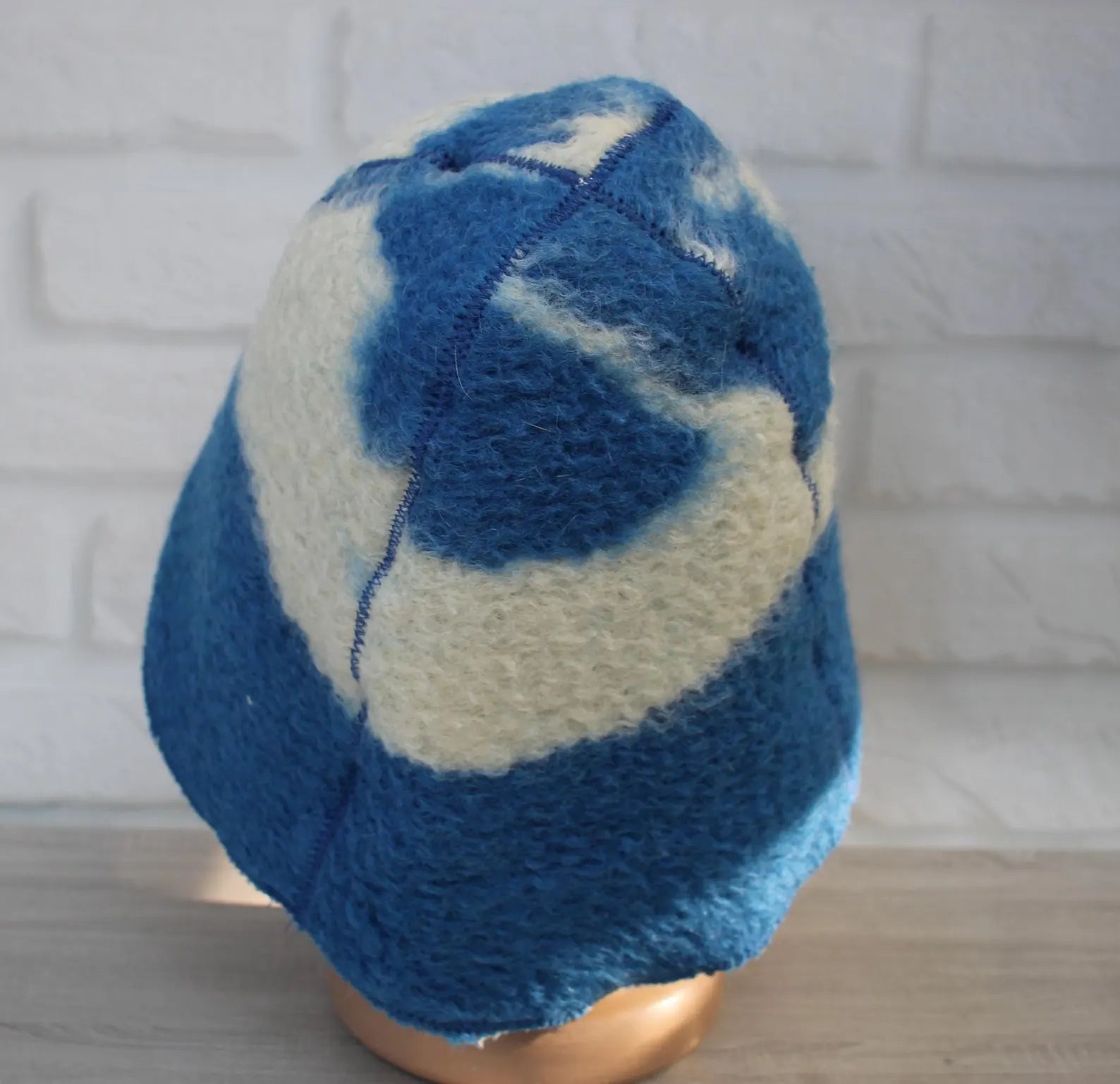 back view handmade wool sauna hat vintage blanket pattern