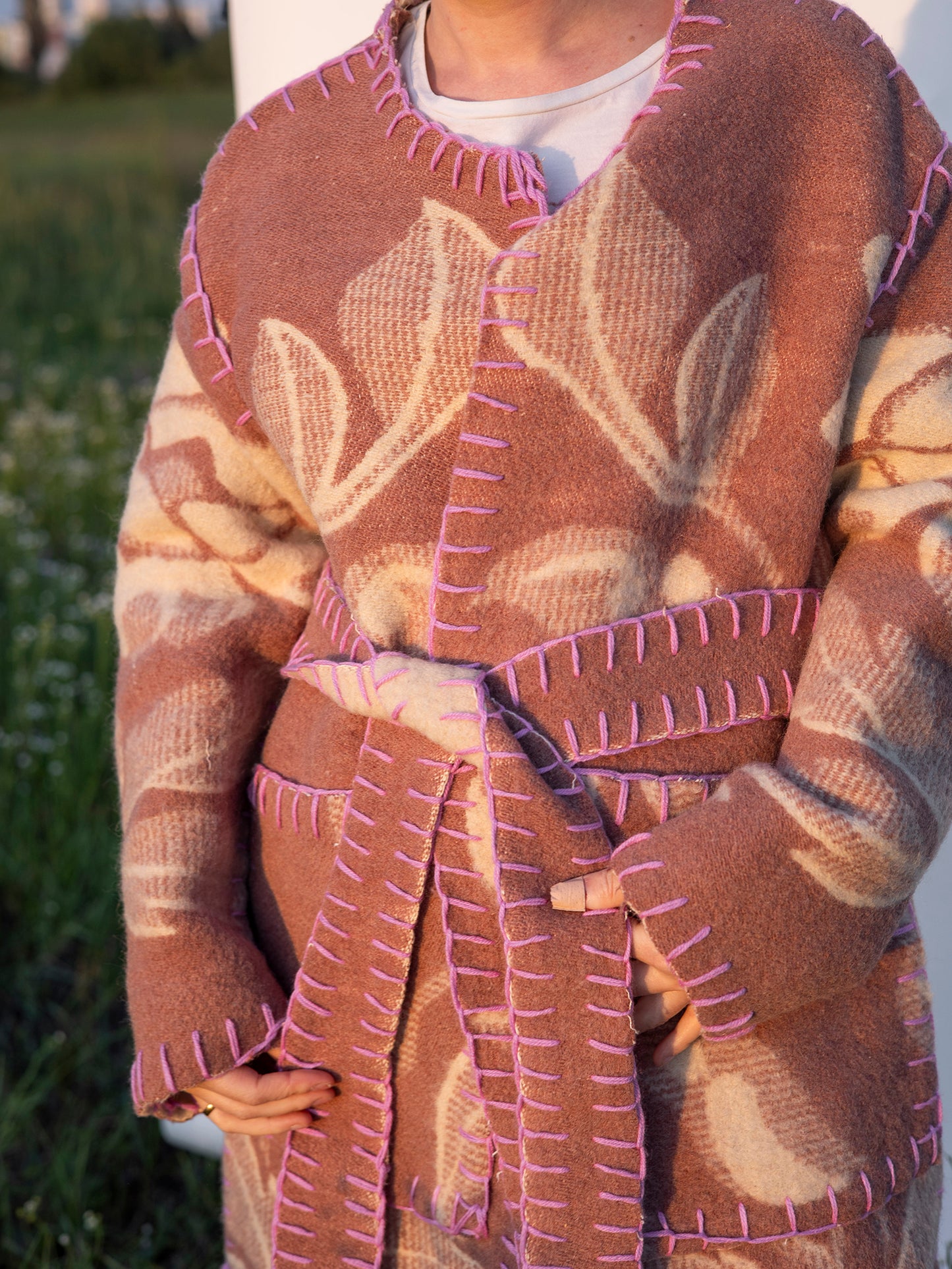 roomy front pockets detail upcycled long wool coat