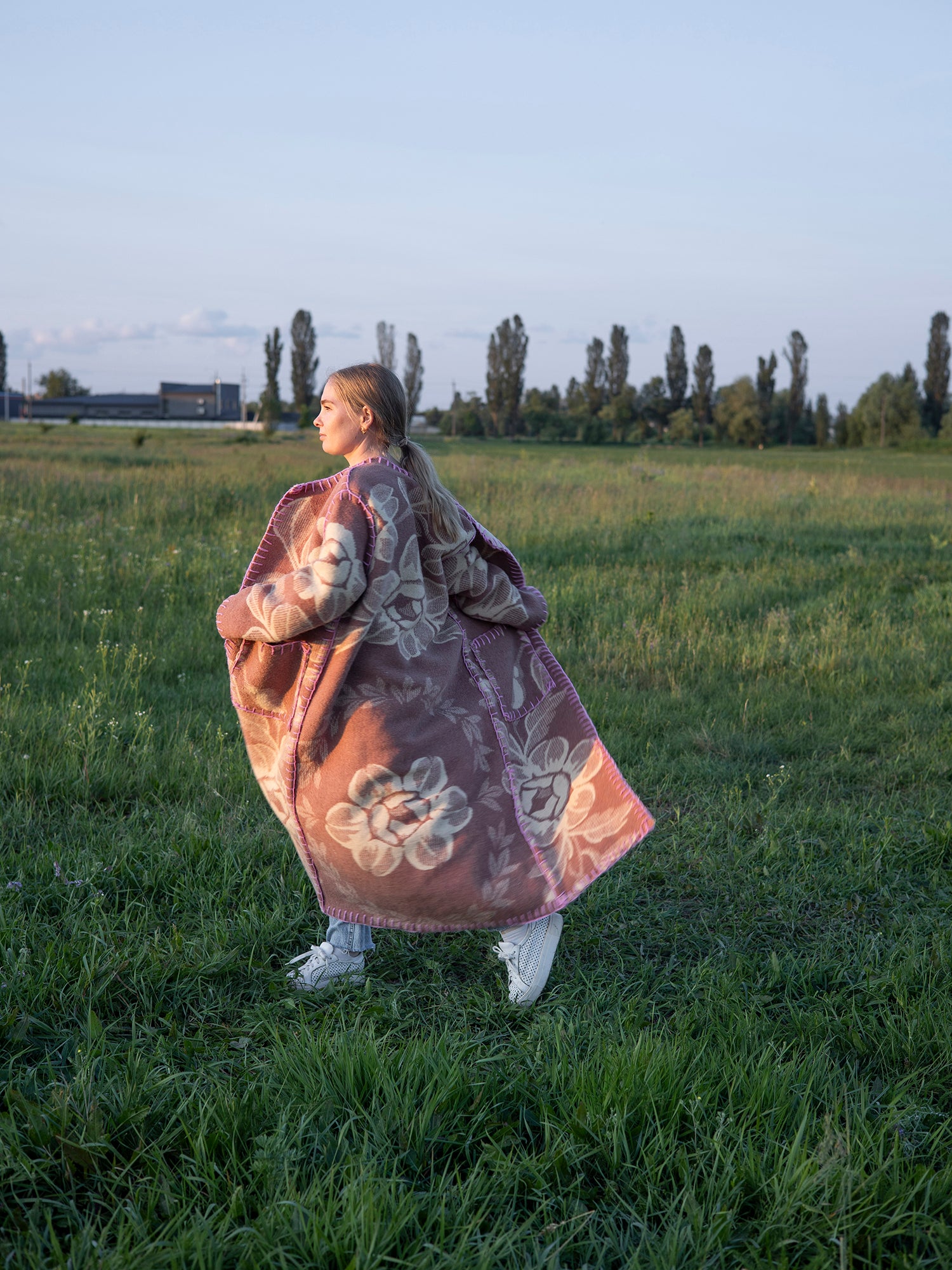full length view of upcycled vintage wool blanket coat
