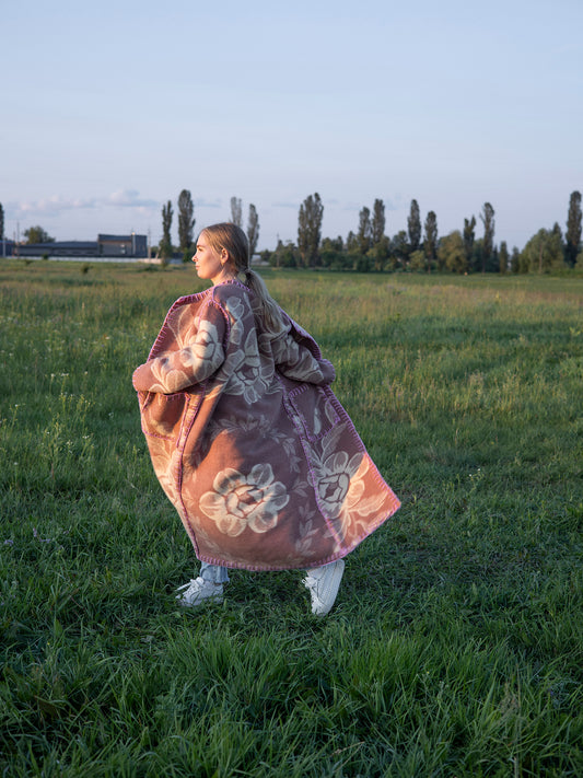 full length view of upcycled vintage wool blanket coat