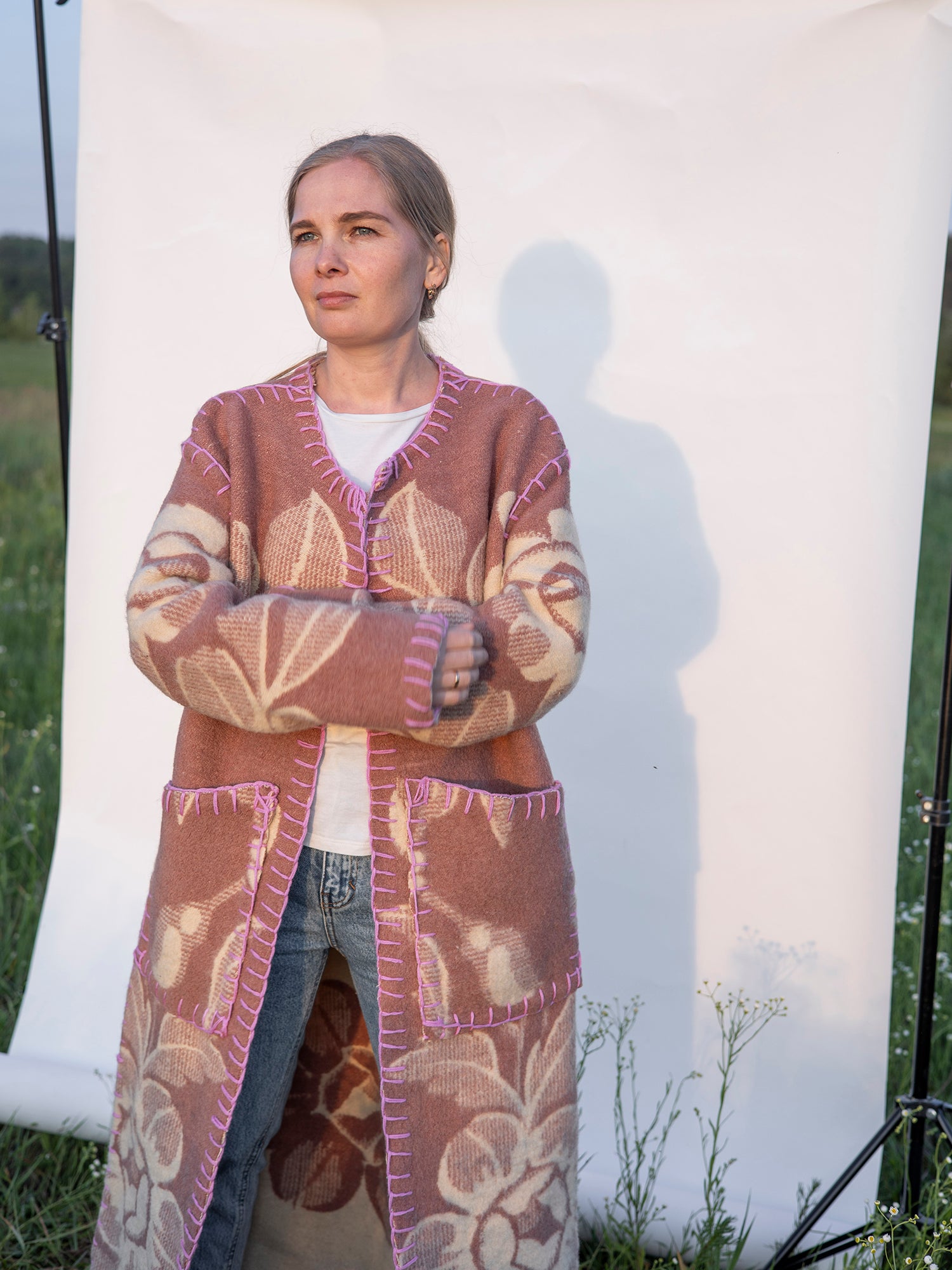 front view long upcycled wool coat M/L handmade from vintage blanket