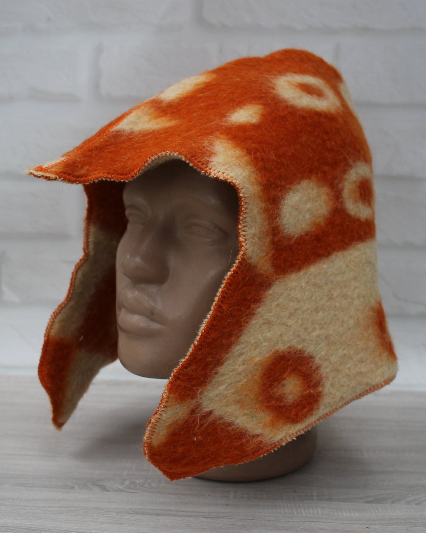 front view upcycled viking sauna hat wool handmade vintage blanket orange beige