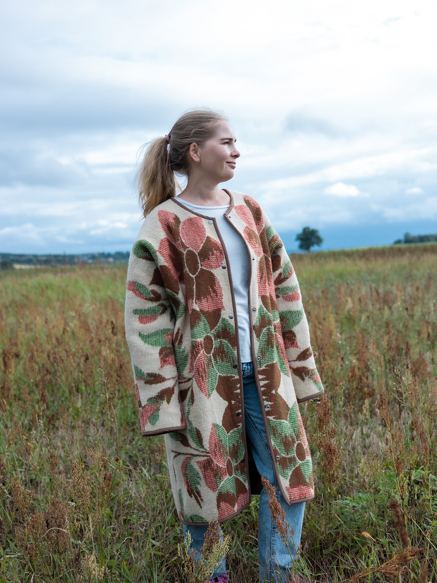 contrast binding edge detail on upcycled wool blanket coat
