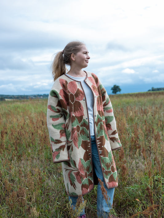 contrast binding edge detail on upcycled wool blanket coat