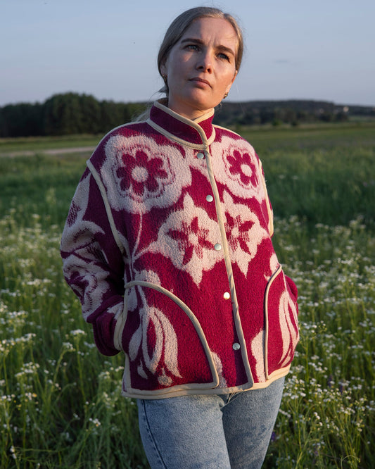 front view upcycled wool jacket size M maroon cream floral pattern