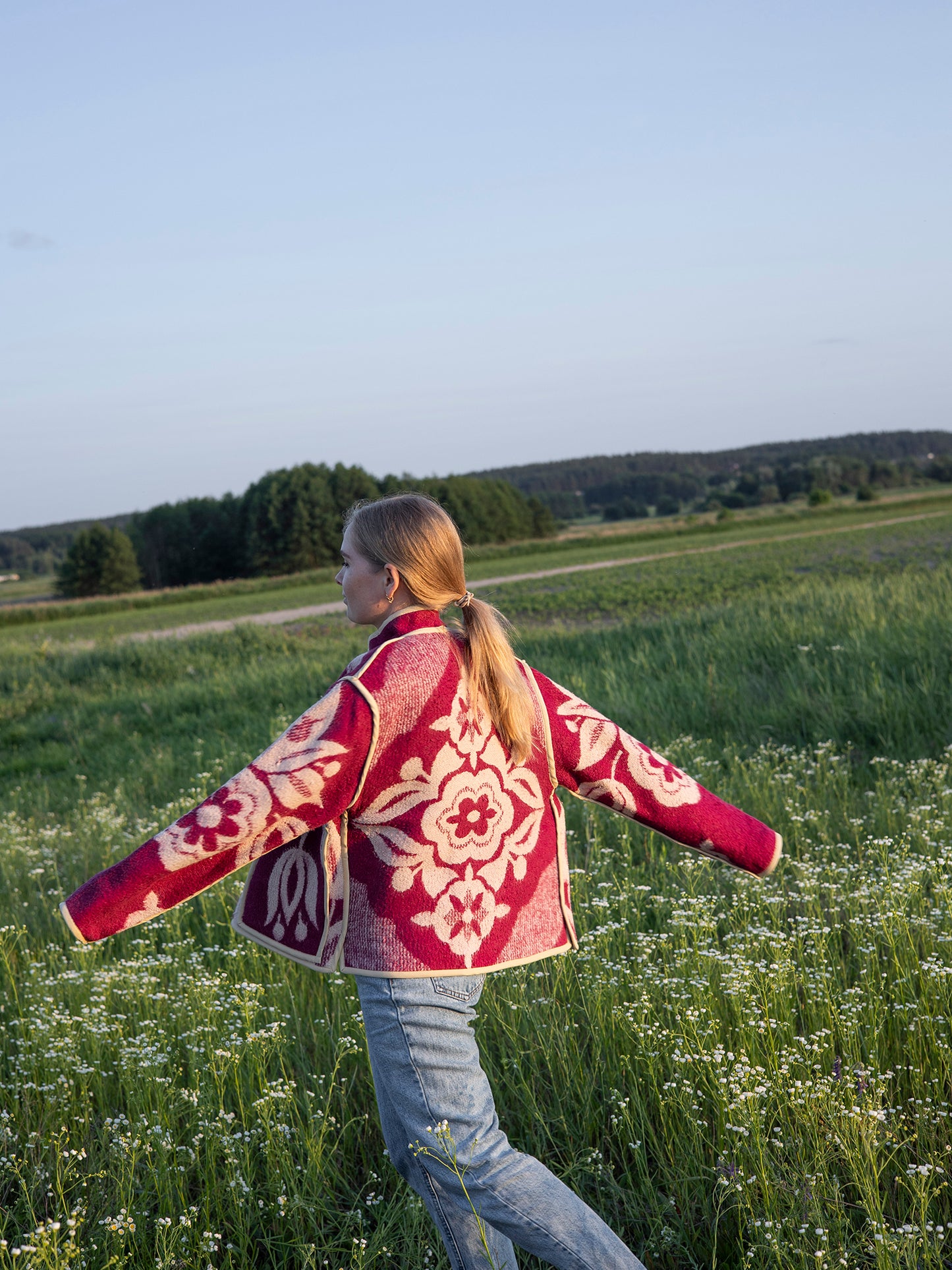 back view vintage wool blanket jacket maroon floral