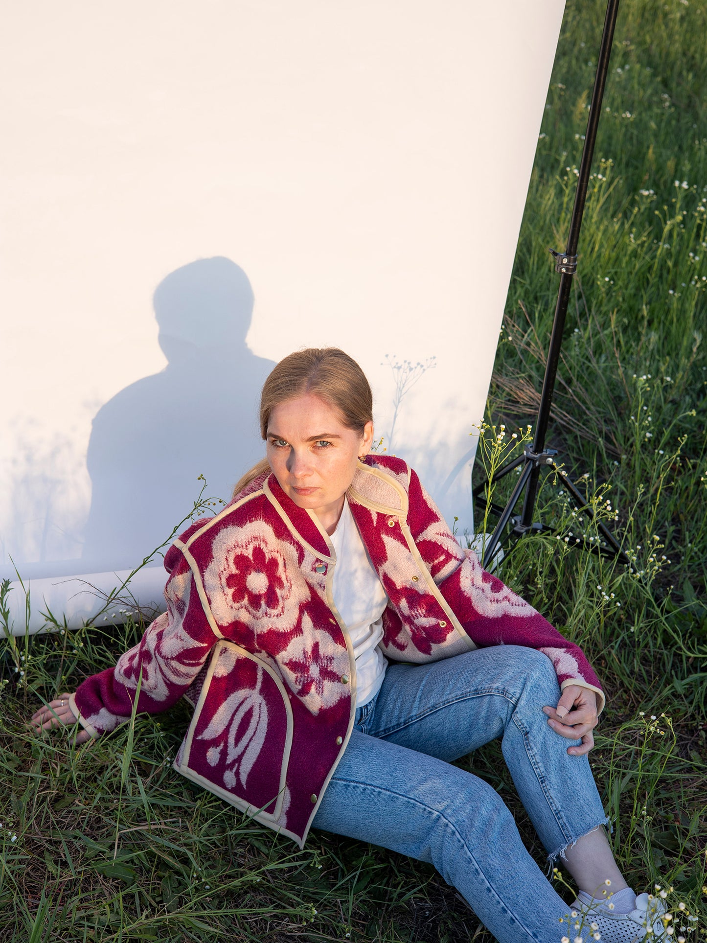 model wearing upcycled wool jacket size M outdoor