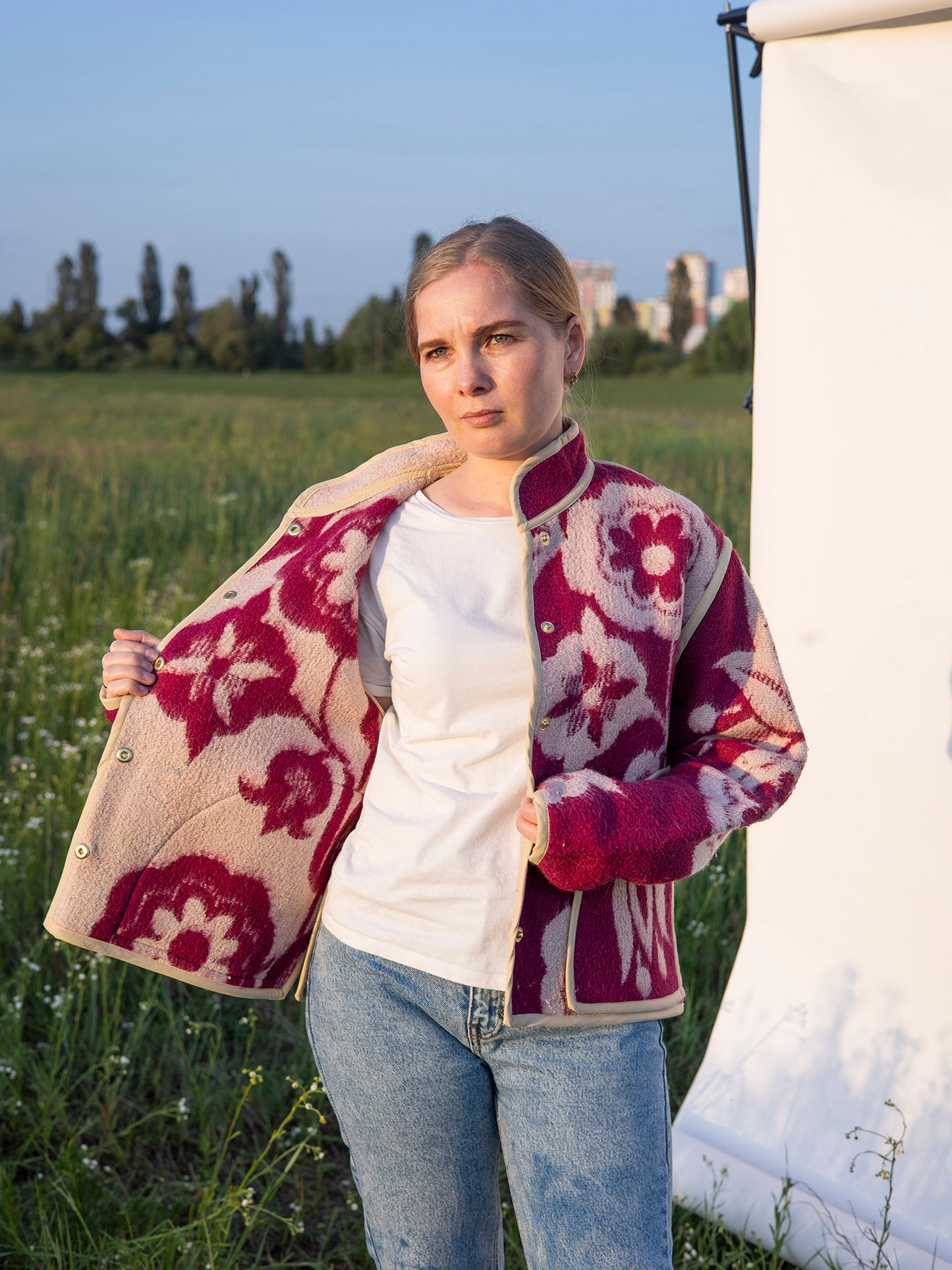 close-up texture 100% wool repurposed vintage blanket jacket 