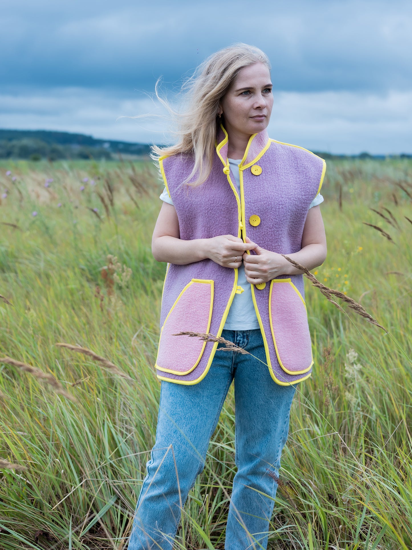 front view upcycled wool vest size M vintage blanket pattern