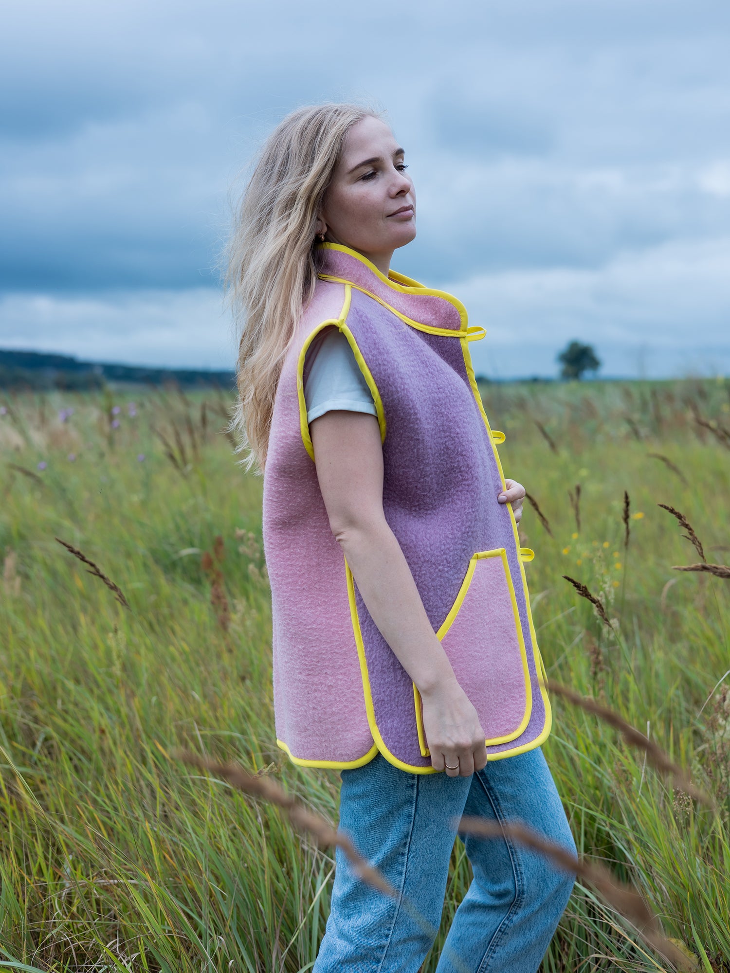 side view sleeveless jacket repurposed wool blanket size M