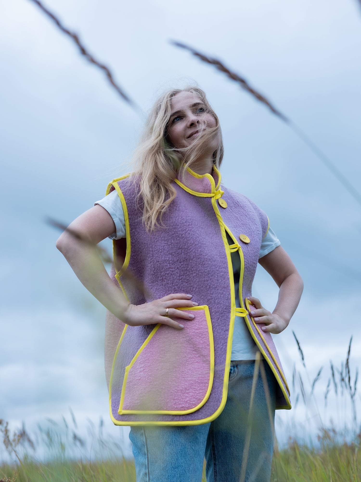 close-up boho motif on upcycled wool blanket vest