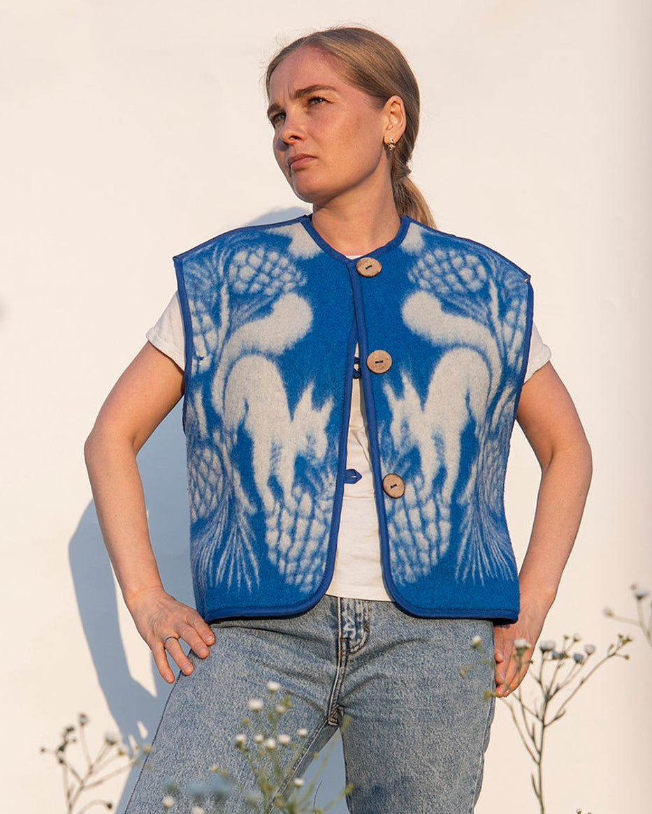 front view upcycled wool vest size M squirrels and pinecones pattern