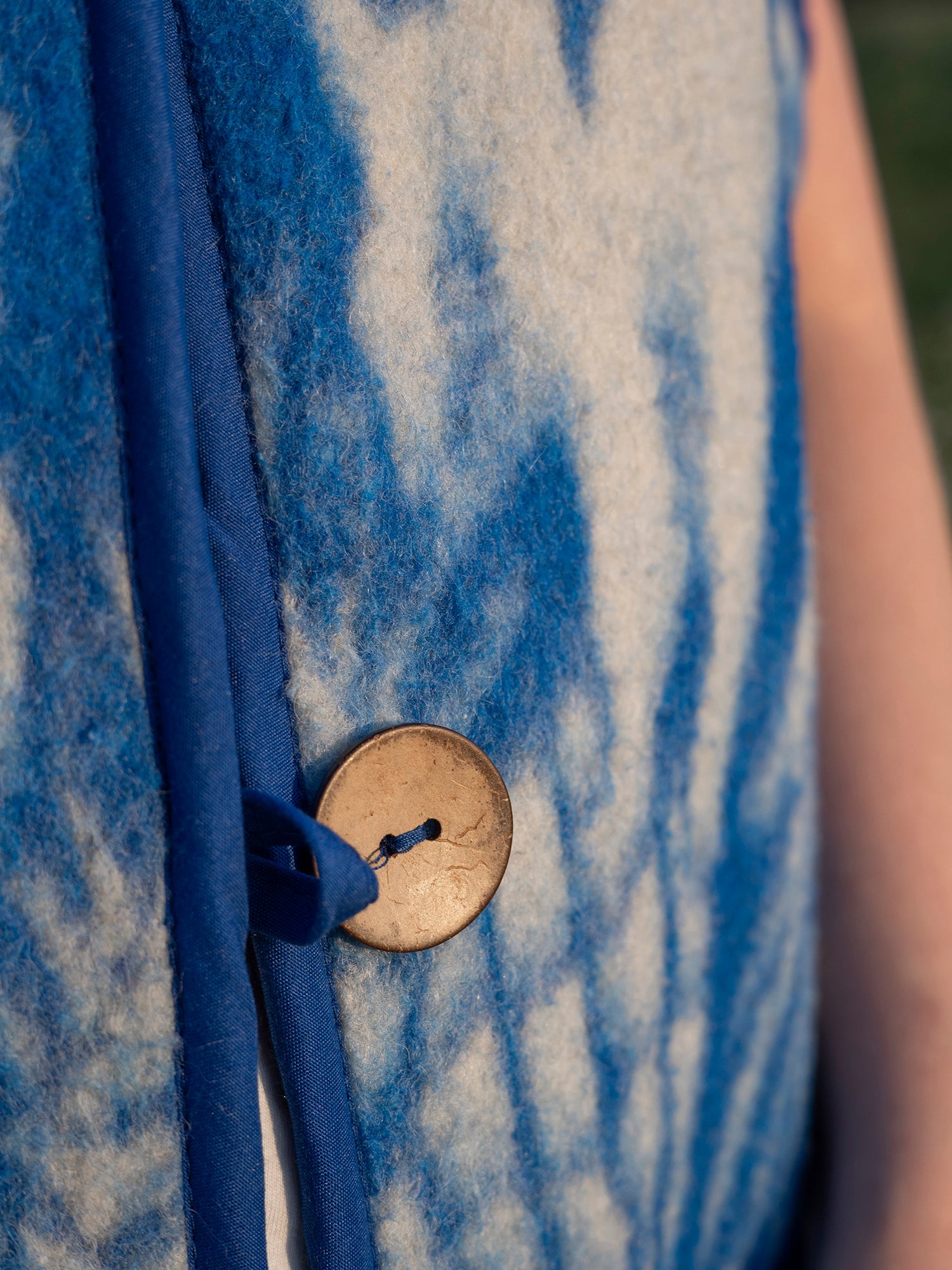 wooden button closure detail upcycled wool vest size M