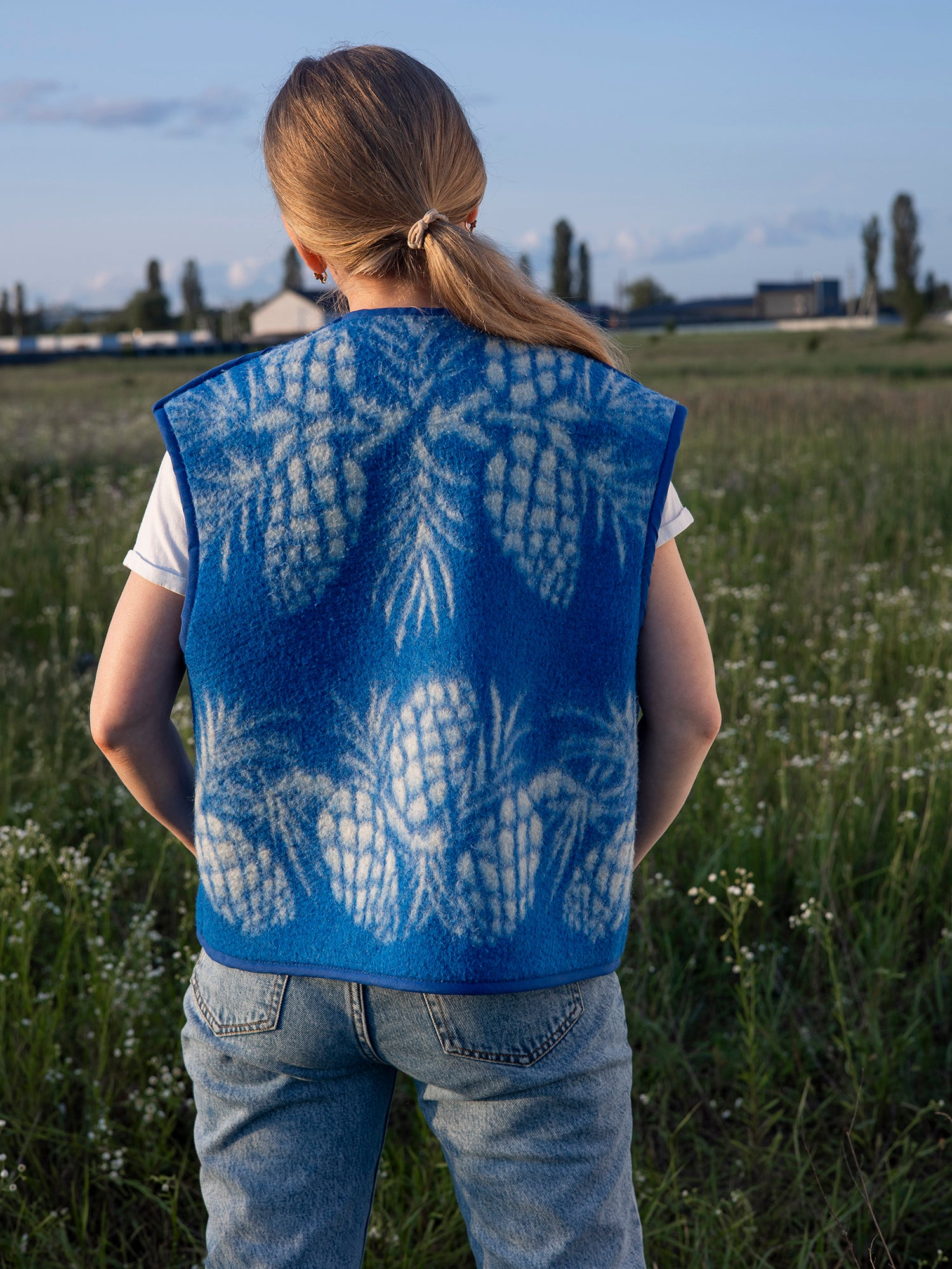 back view woodland motif wool vest handmade in Ukraine