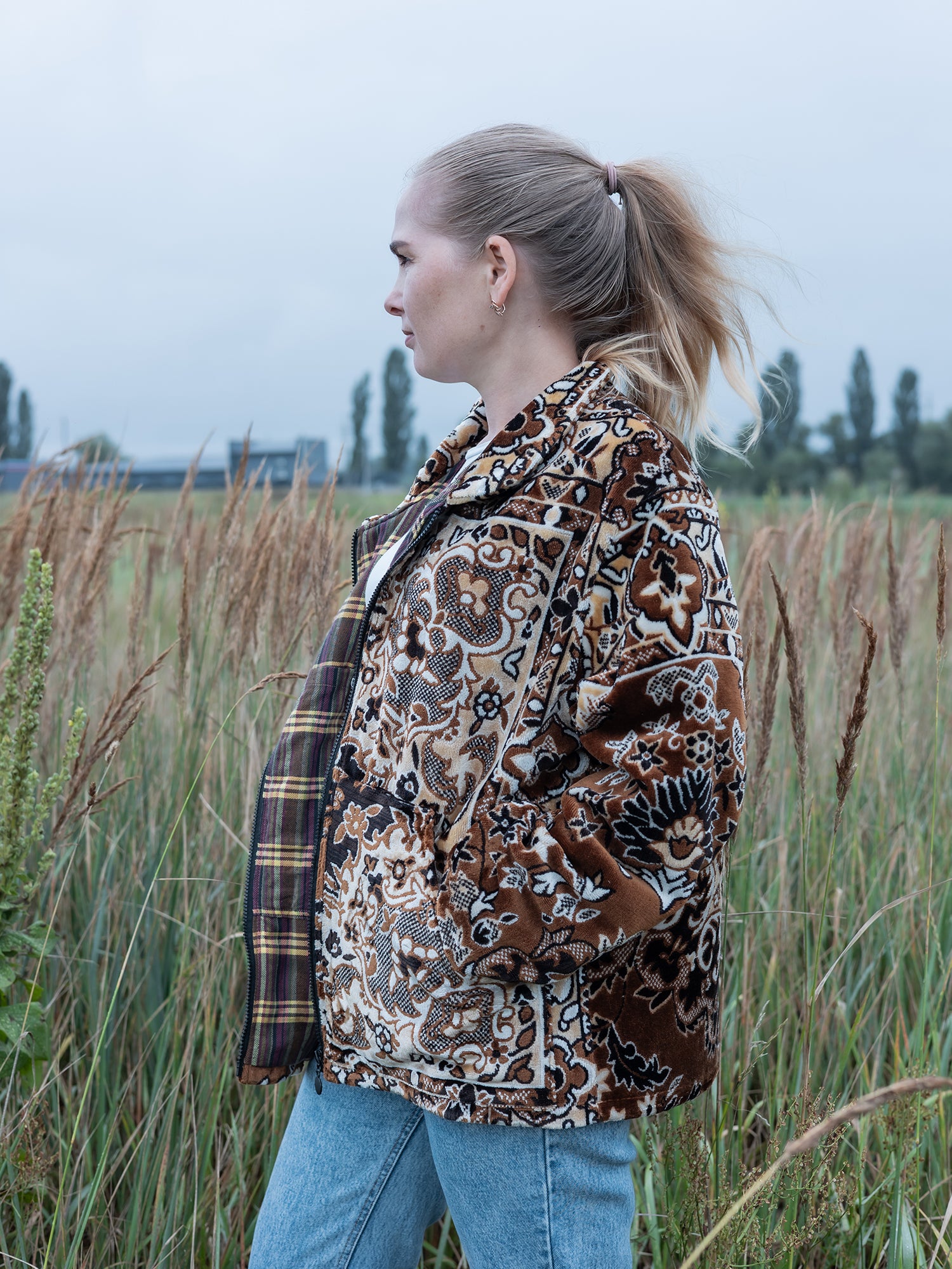 model wearing vintage tapestry jacket size L upcycled blanket wool