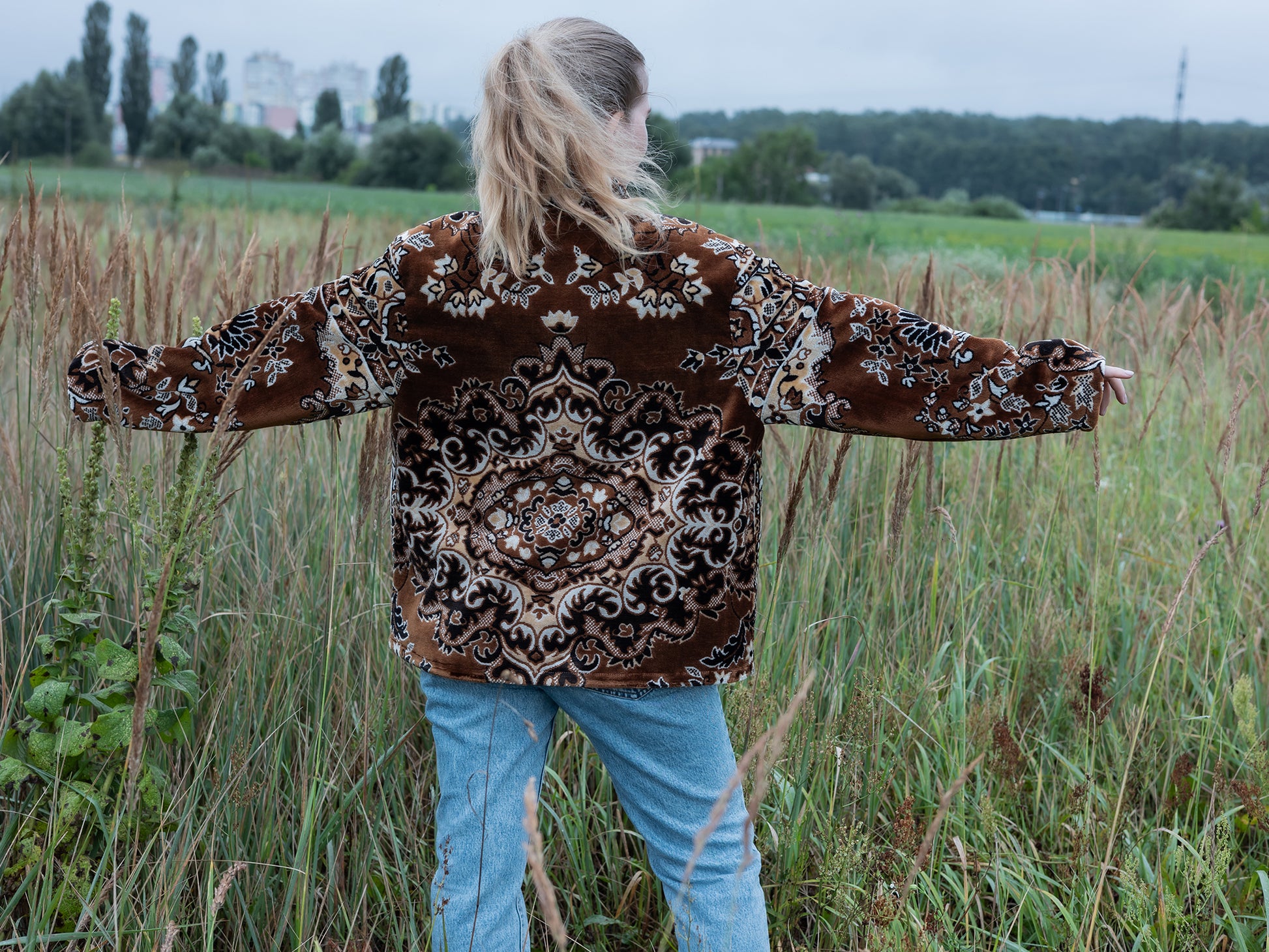 back view vintage tapestry jacket upcycled blanket wool jacket