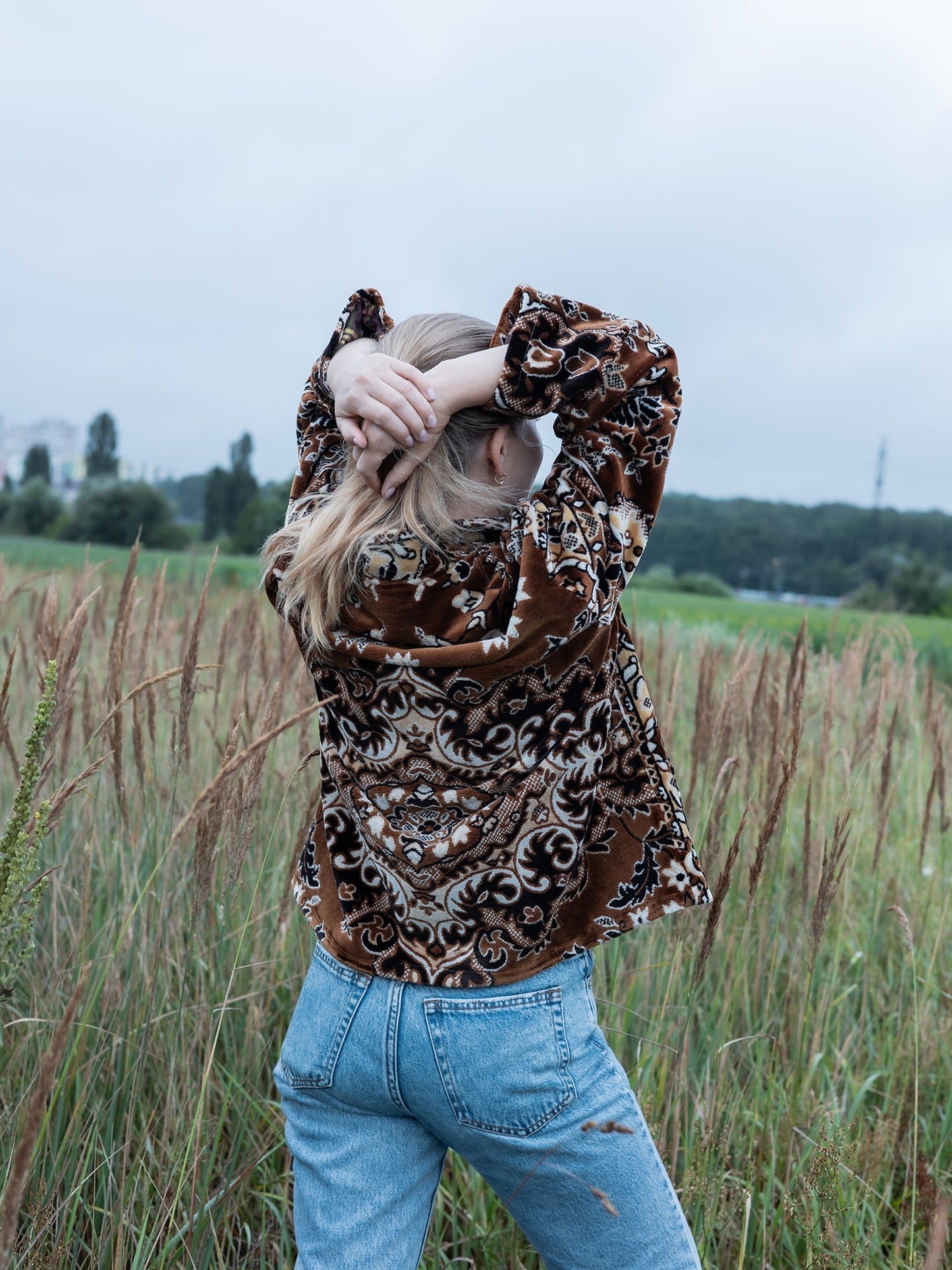 outfit styled with vintage tapestry jacket size L women’s outerwear