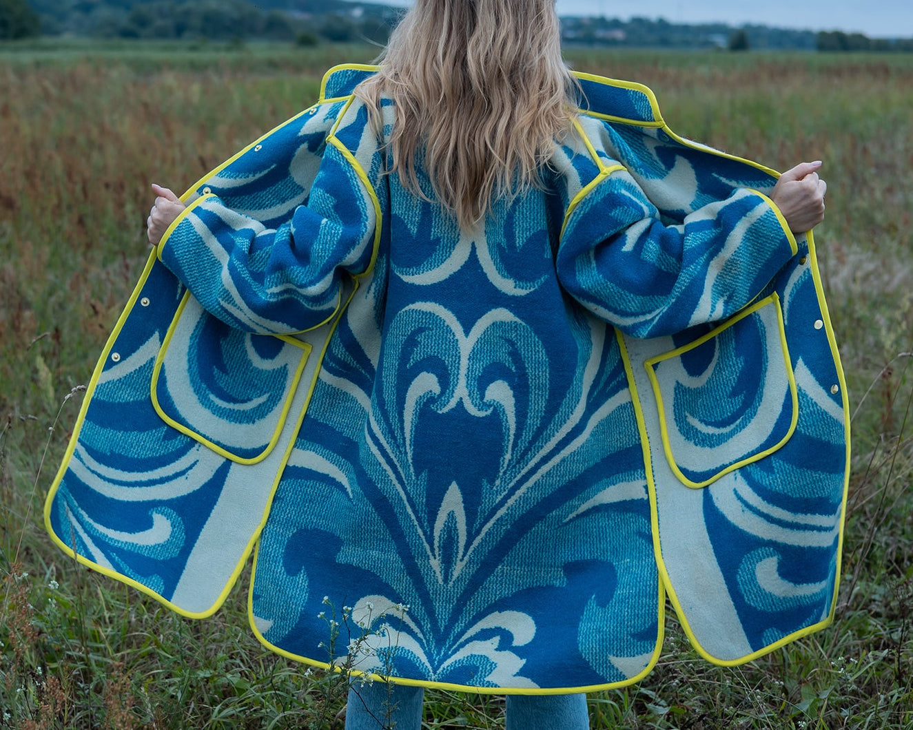front view handmade upcycled wool blanket coat size L