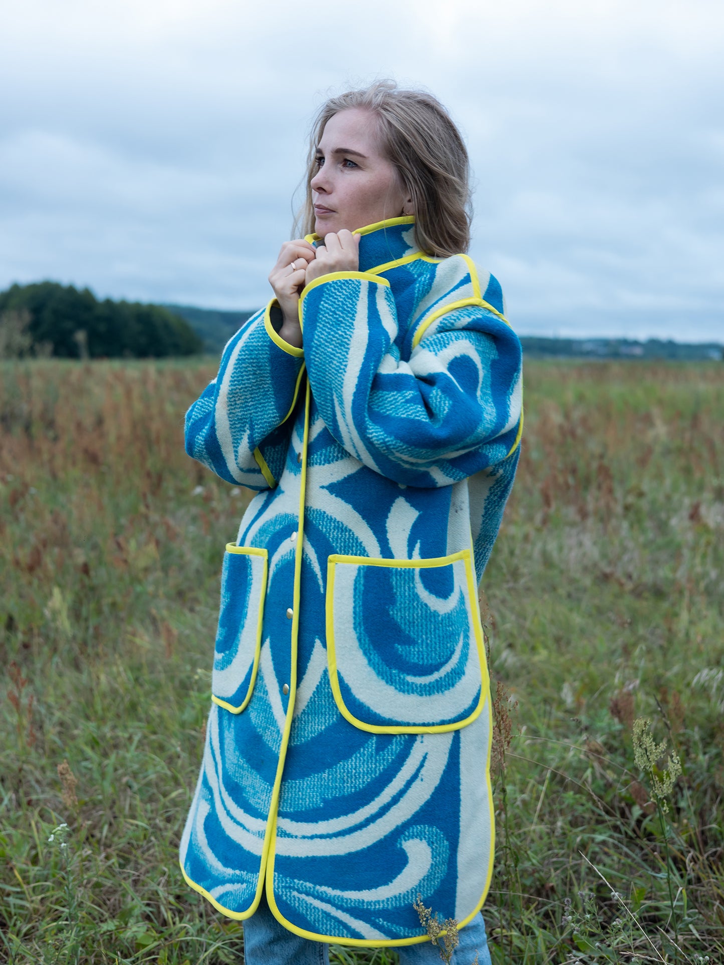side view oversized repurposed wool blanket coat