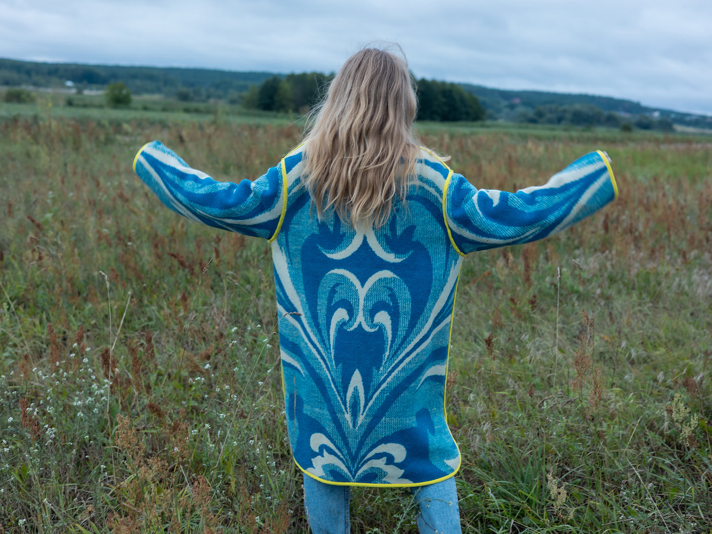 back view blue and white swirl pattern wool coat
