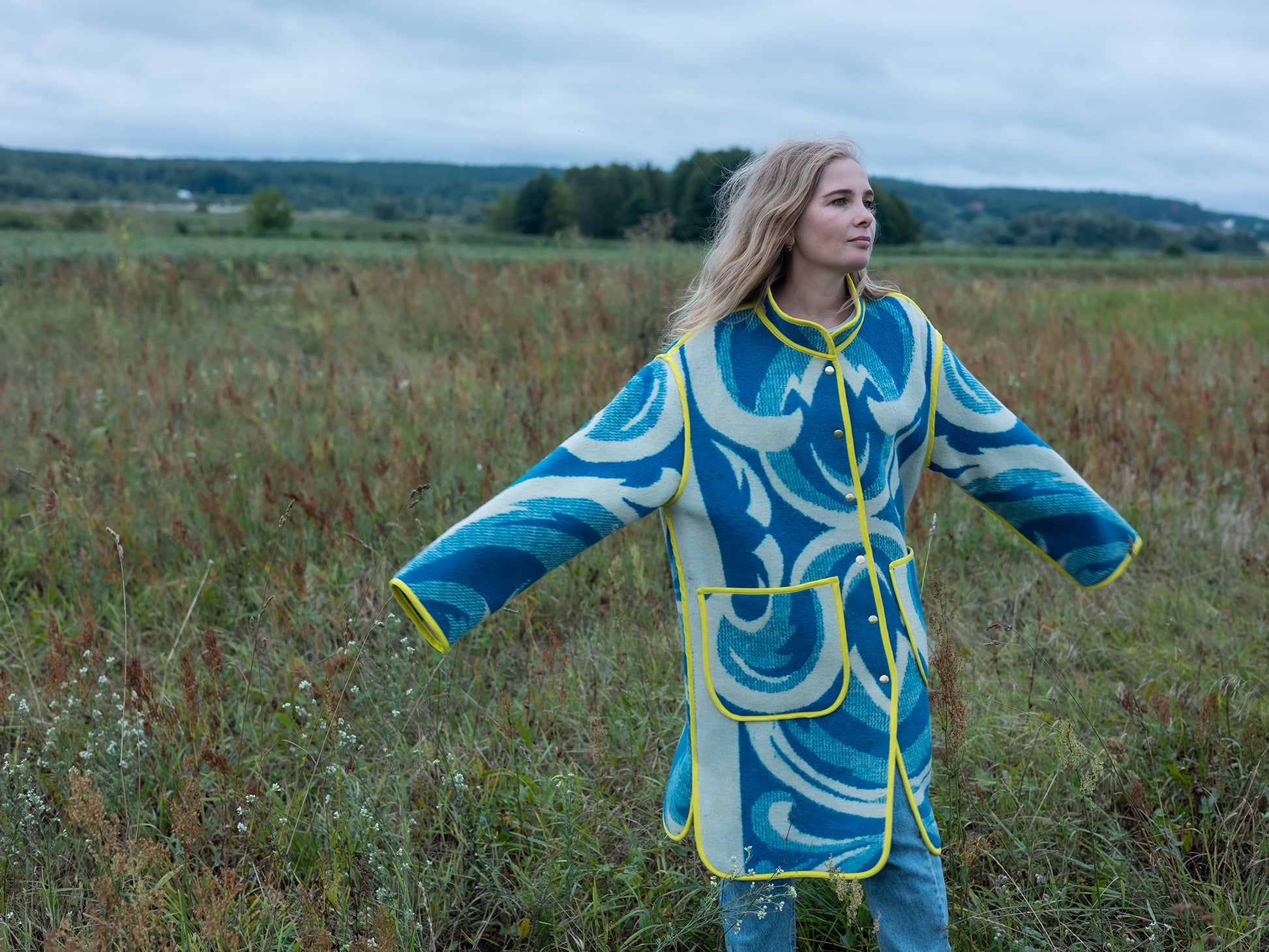 snap-button front detail on upcycled wool coat 