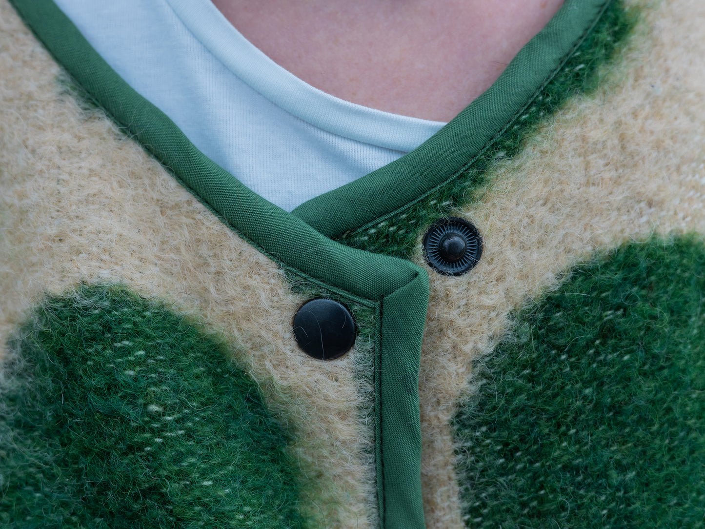 snap-button front closure detail vintage wool blanket coat