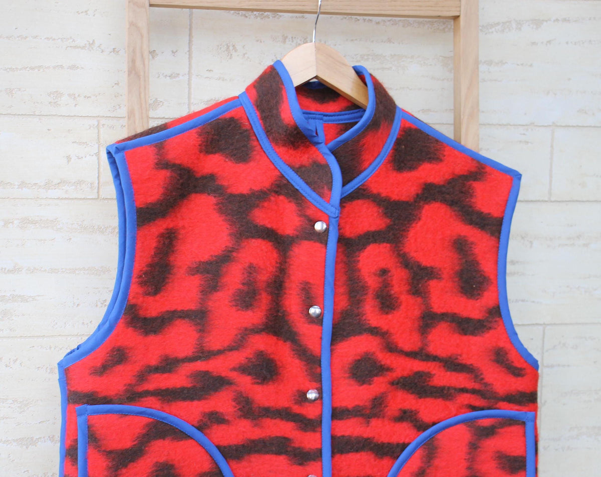 Upcycled Wool Blanket Vest, Red Plaid, Handmade Coat, Size M/L