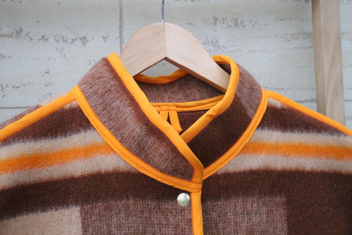 Handmade Upcycled Wool Blanket Jacket, Orange Trim, Oversize Fit