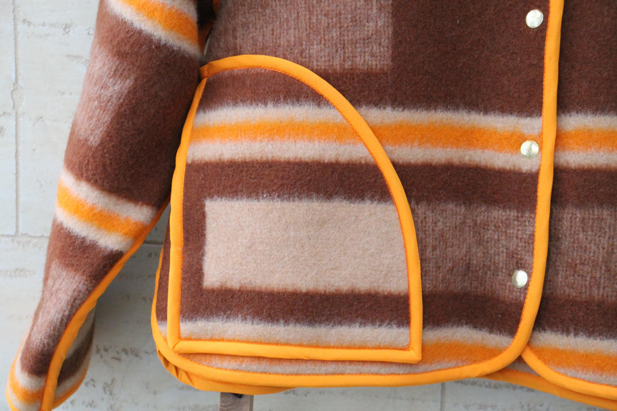 Handmade Upcycled Wool Blanket Jacket, Orange Trim, Oversize Fit