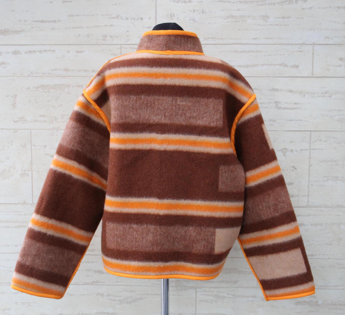 Handmade Upcycled Wool Blanket Jacket, Orange Trim, Oversize Fit