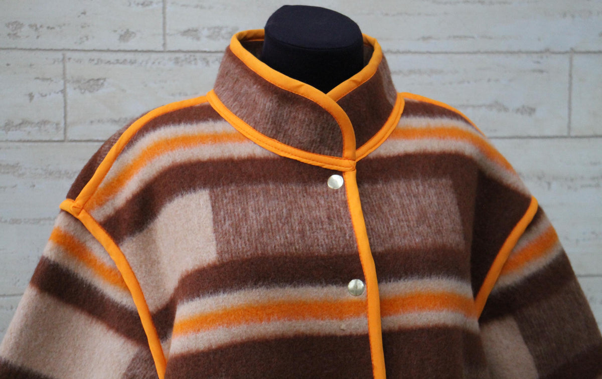 Handmade Upcycled Wool Blanket Jacket, Orange Trim, Oversize Fit