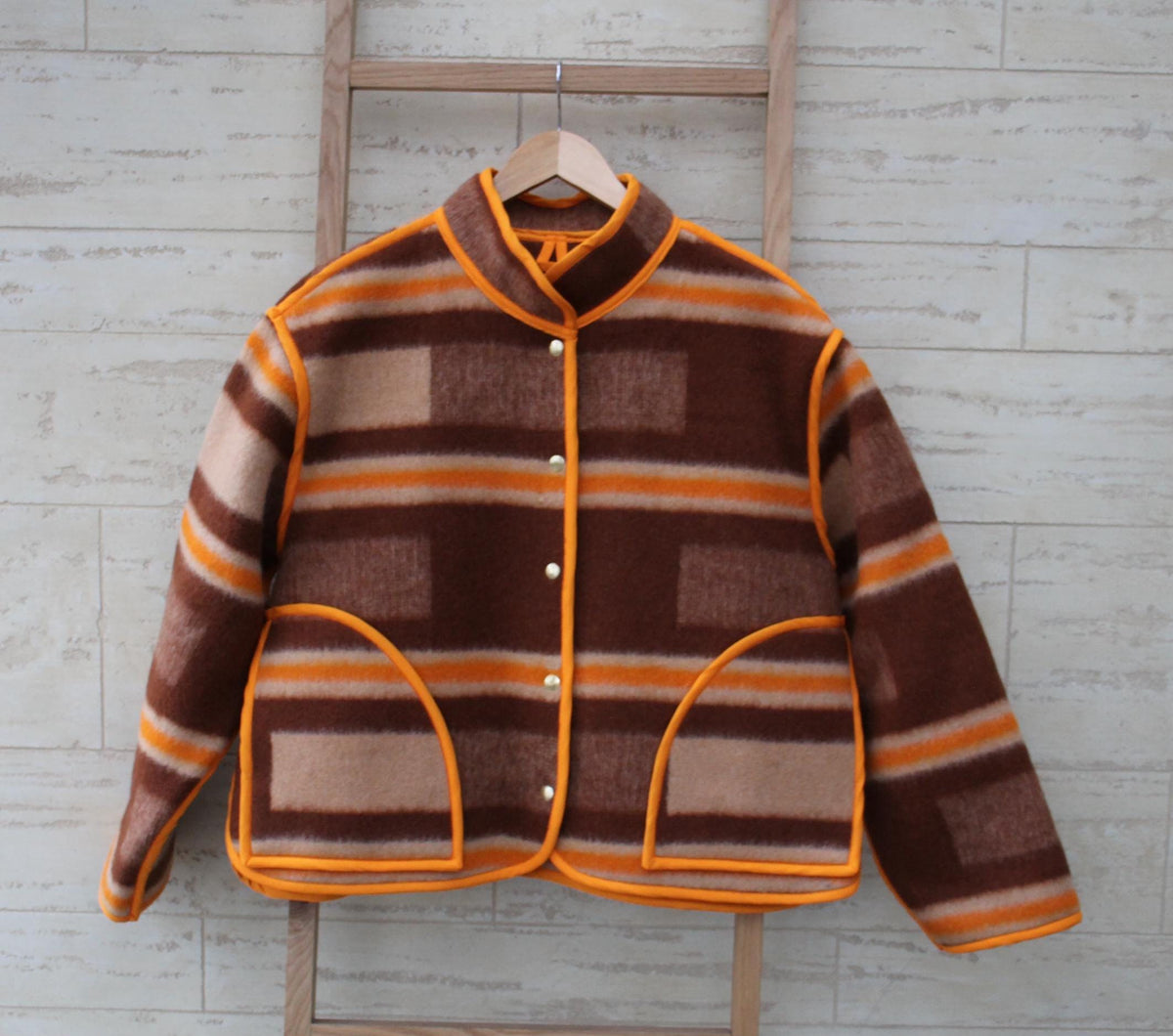 Handmade Upcycled Wool Blanket Jacket, Orange Trim, Oversize Fit