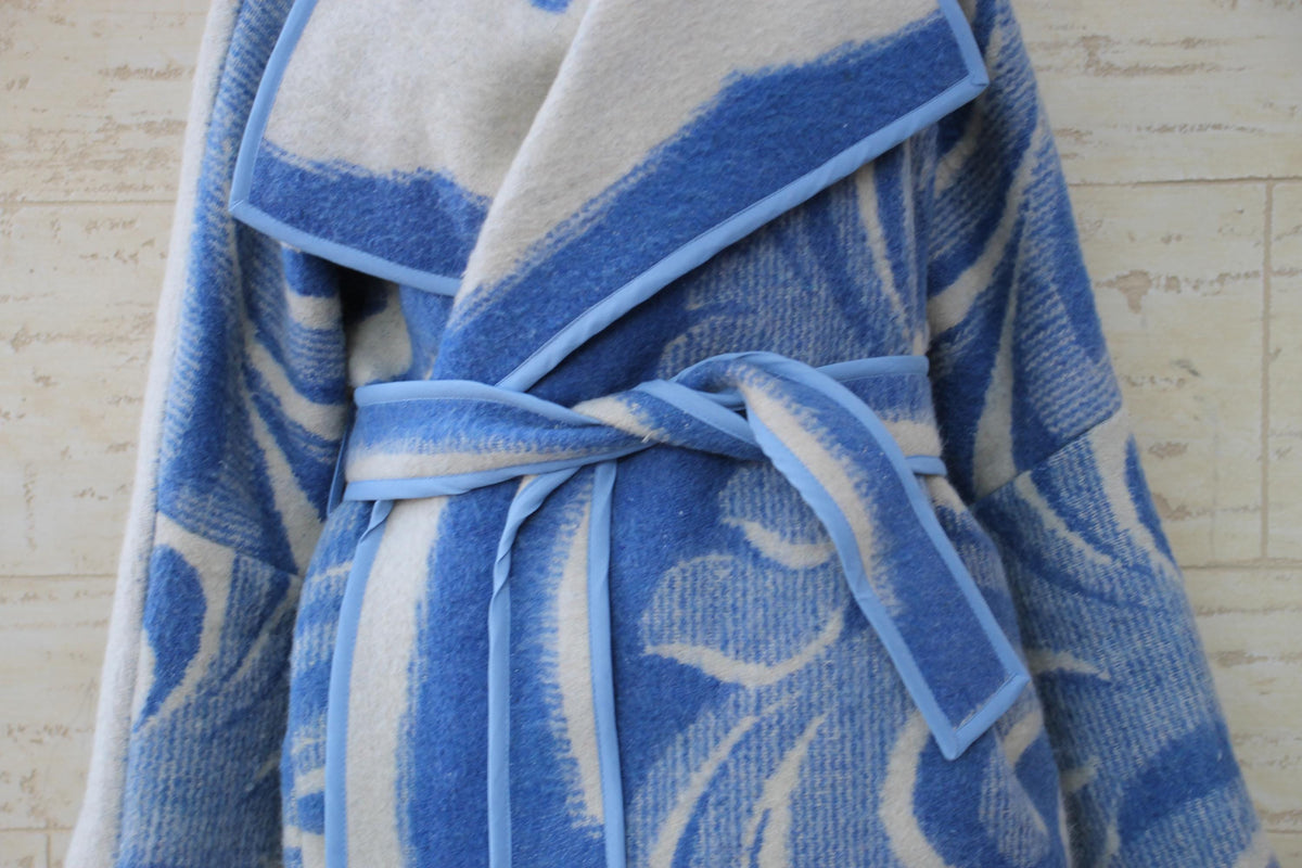 Handmade Wool Blanket Coat, Oversized Blue Plaid Jacket, Ukraine