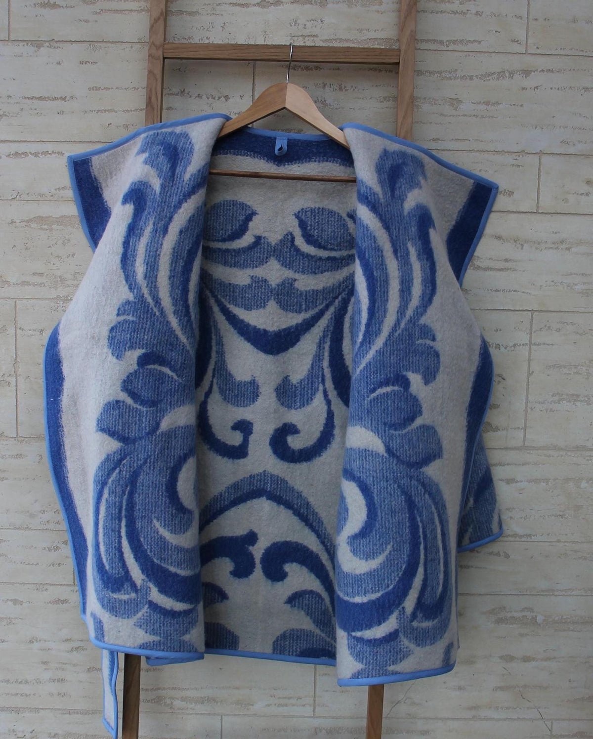 Handmade Wool Blanket Coat, Oversized Blue Plaid Jacket, Ukraine