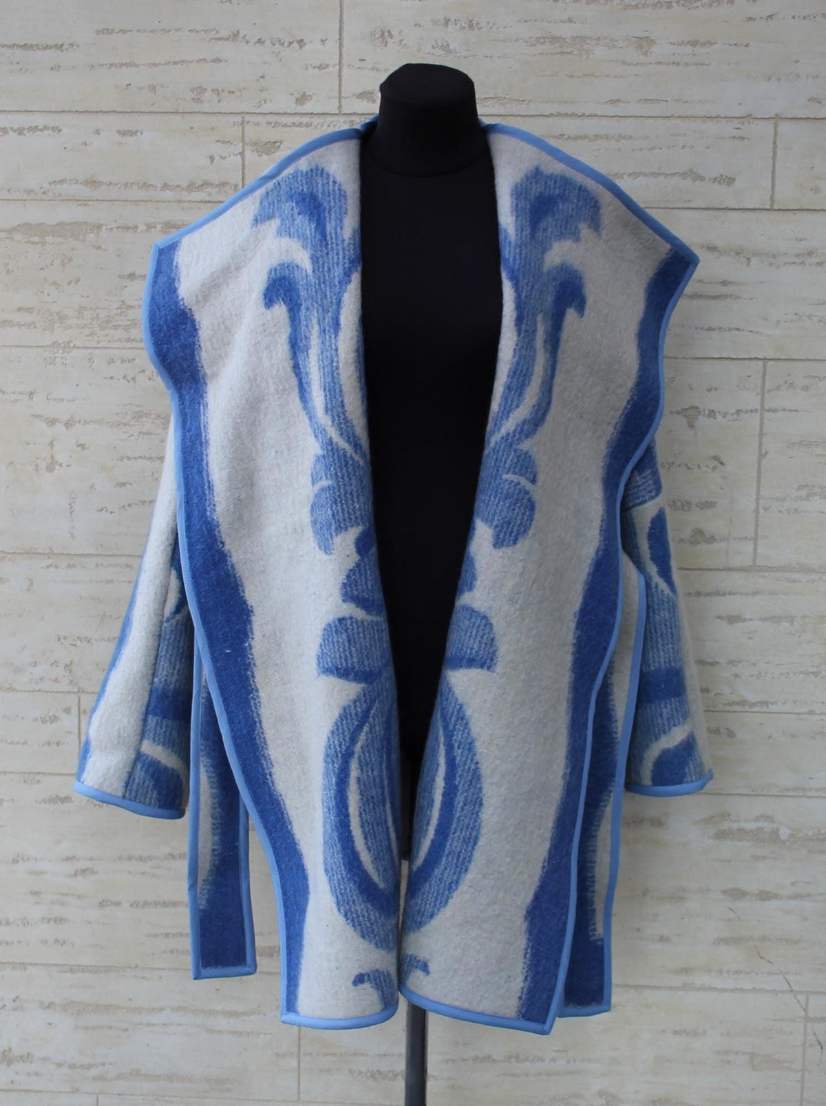 Handmade Wool Blanket Coat, Oversized Blue Plaid Jacket, Ukraine