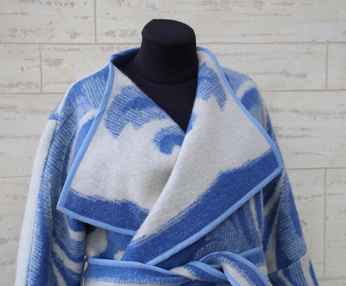 Handmade Wool Blanket Coat, Oversized Blue Plaid Jacket, Ukraine