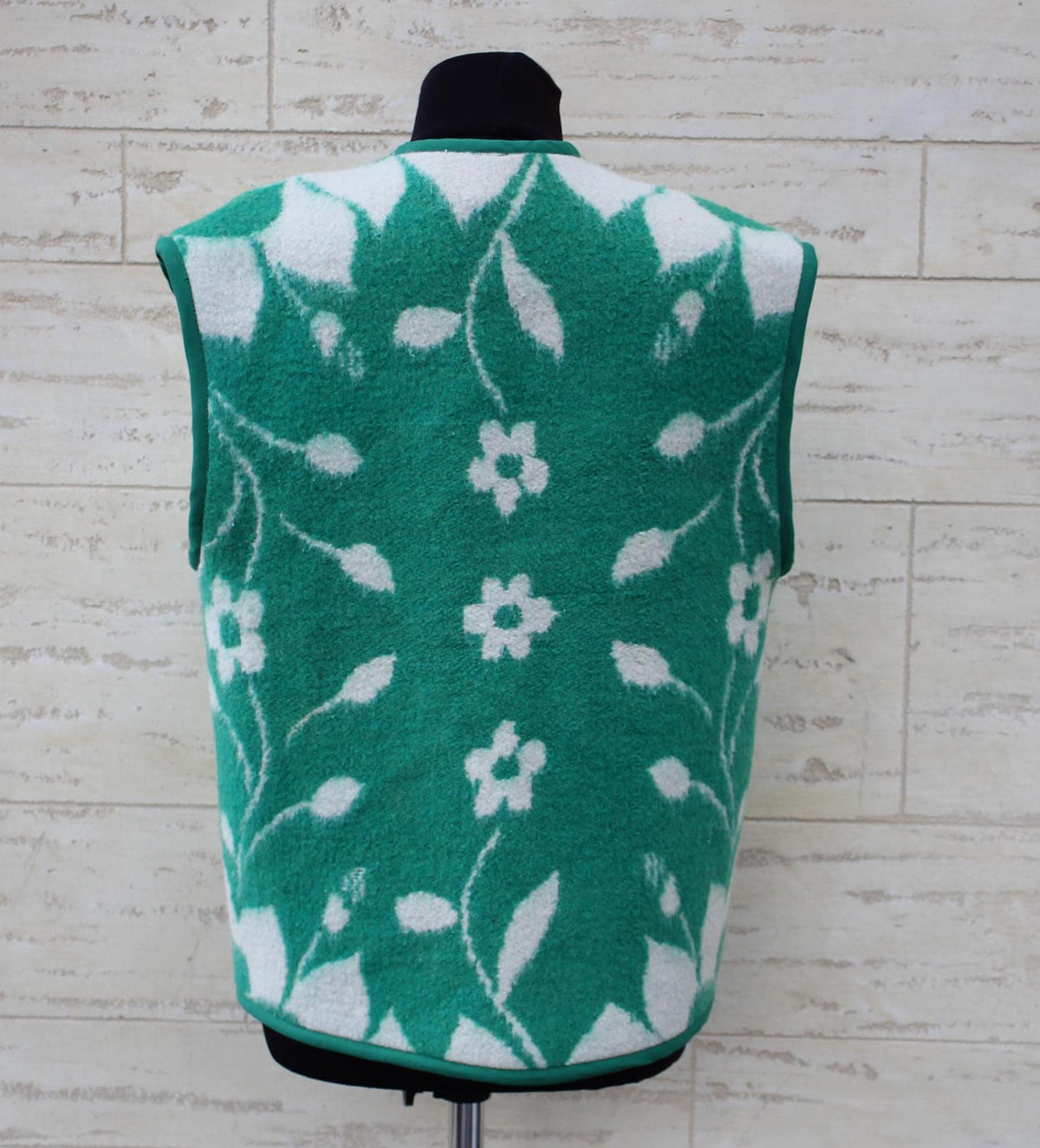 Handmade Upcycled Wool Vest, Green Floral Blanket, Size M