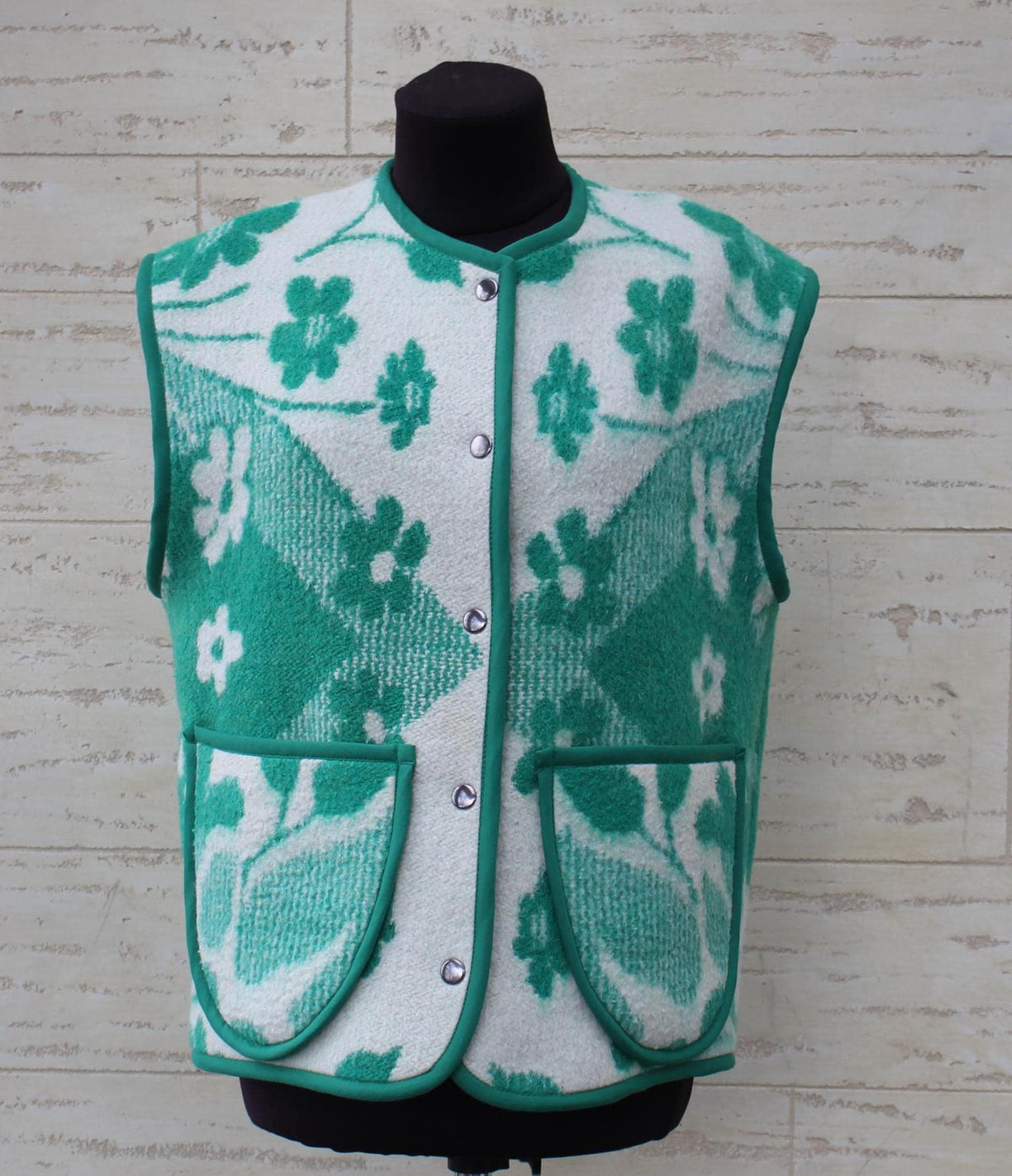 Handmade Upcycled Wool Vest, Green Floral Blanket, Size M
