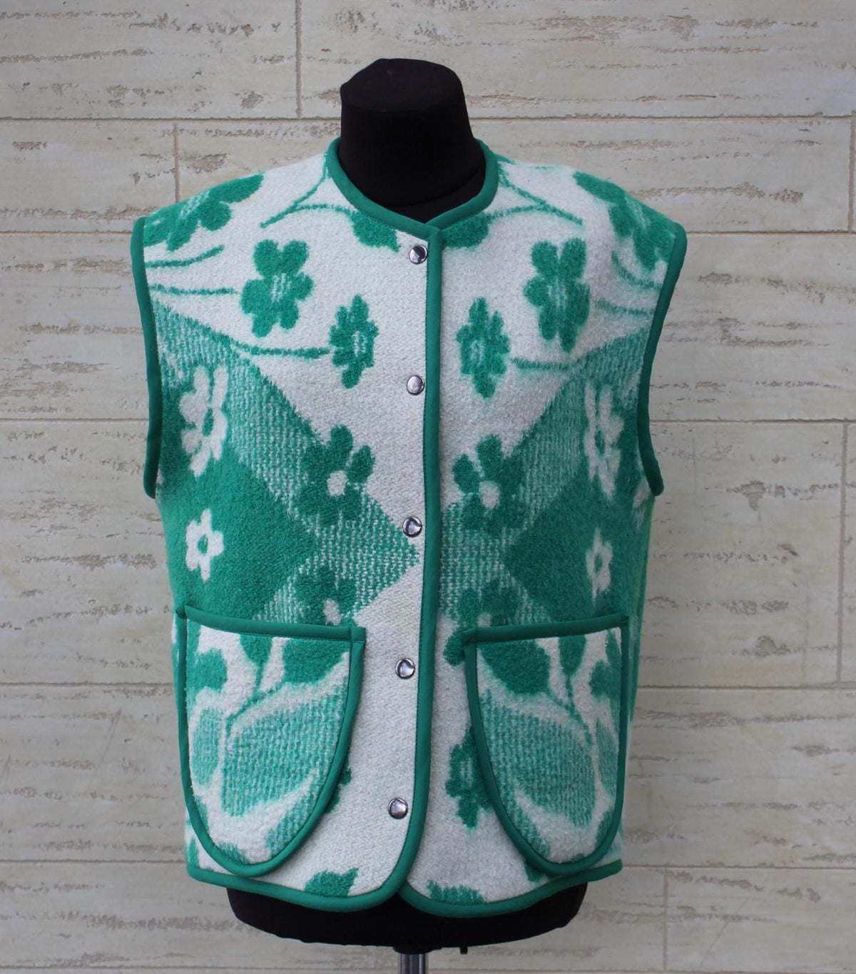 Handmade Upcycled Wool Vest, Green Floral Blanket, Size M