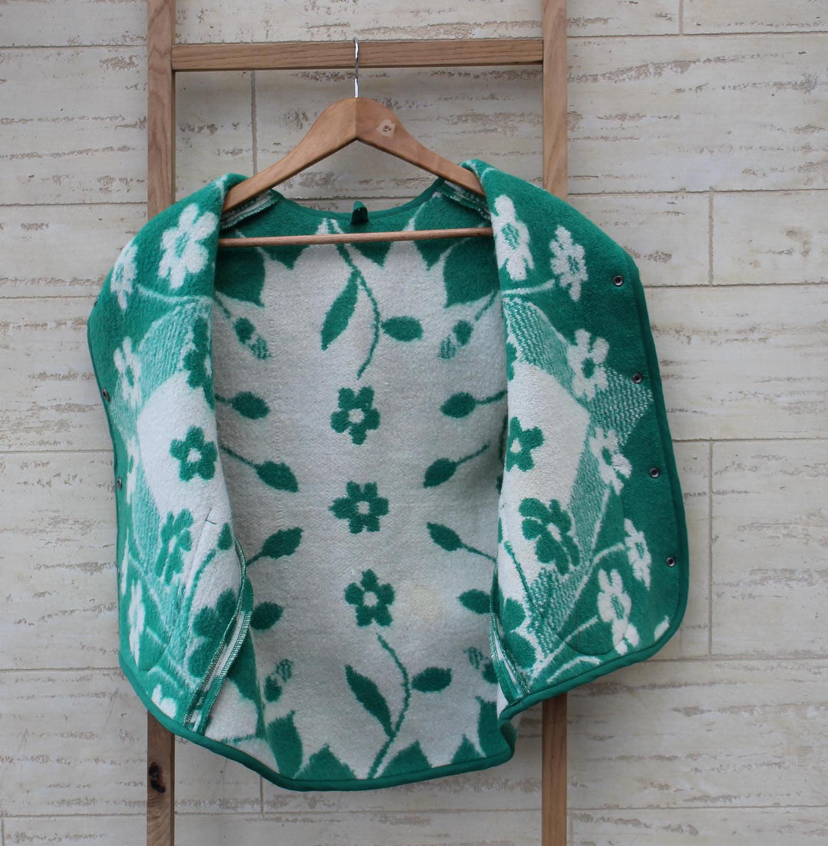 Handmade Upcycled Wool Vest, Green Floral Blanket, Size M