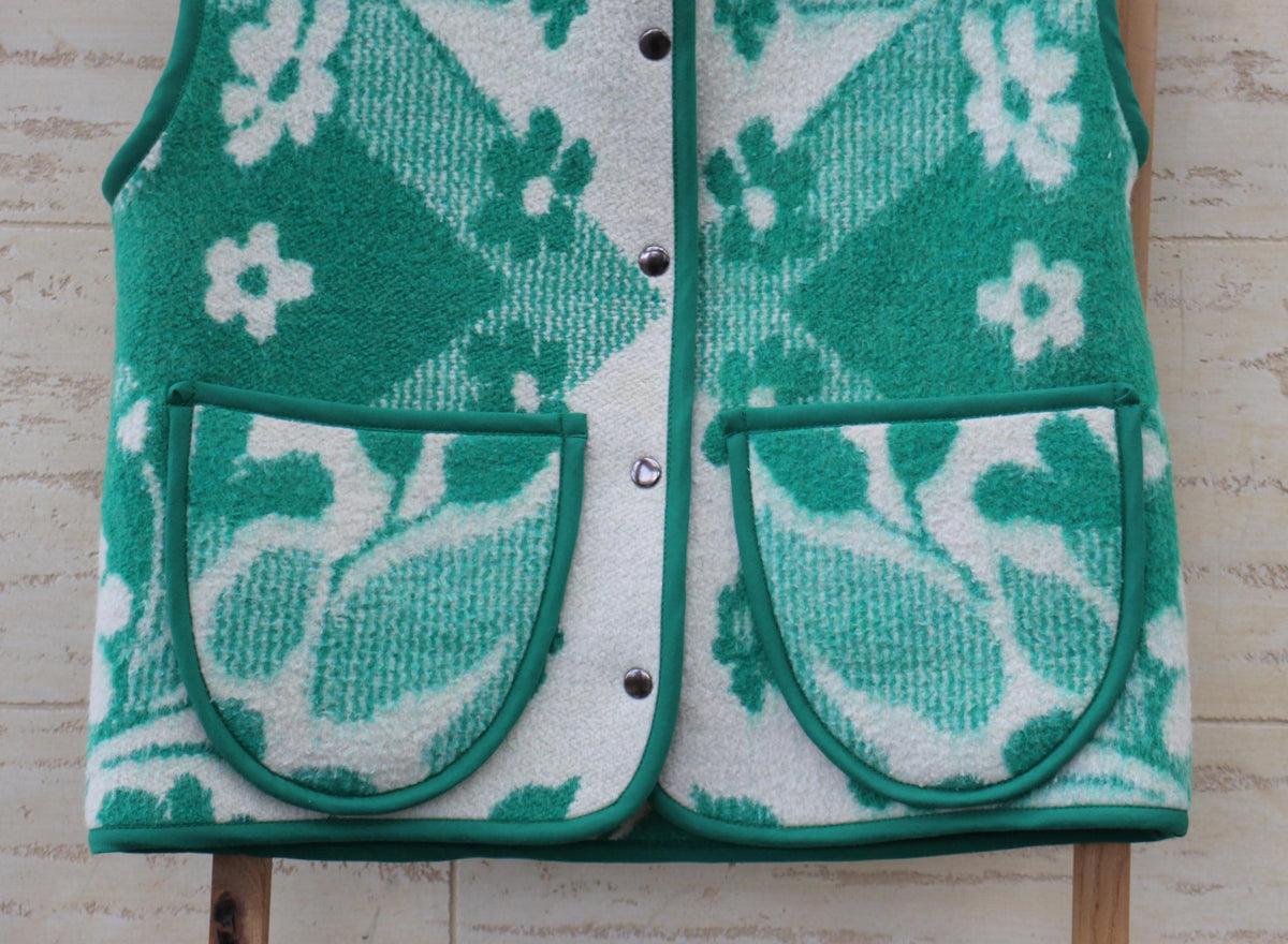 Handmade Upcycled Wool Vest, Green Floral Blanket, Size M