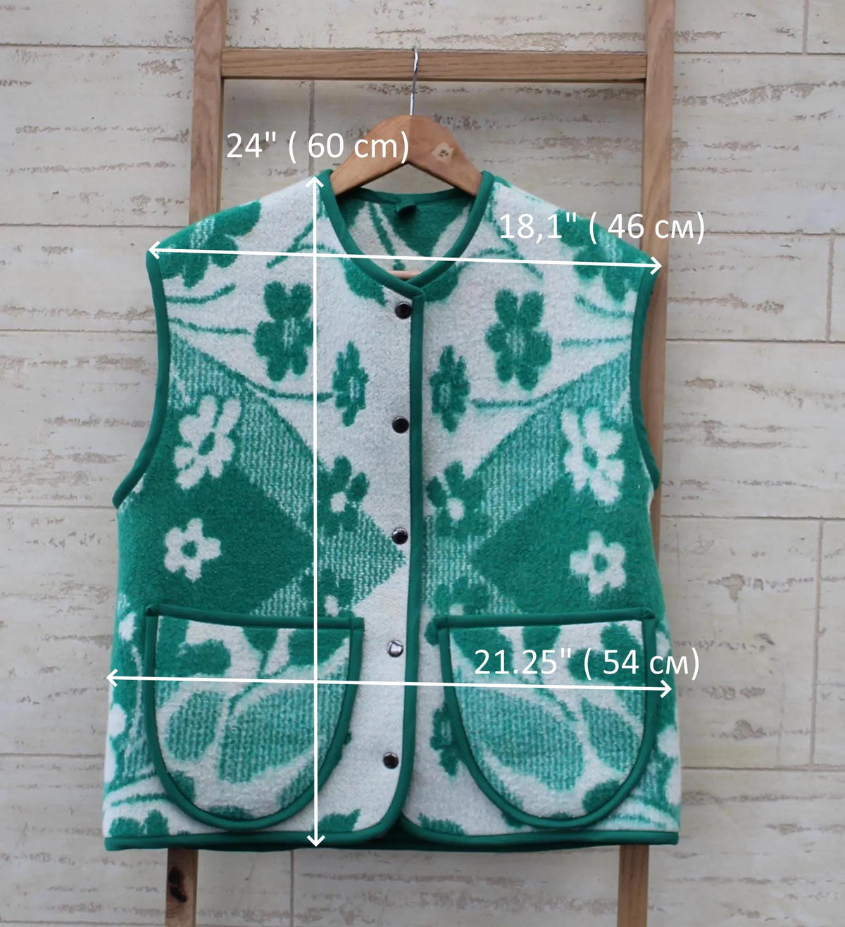 Handmade Upcycled Wool Vest, Green Floral Blanket, Size M