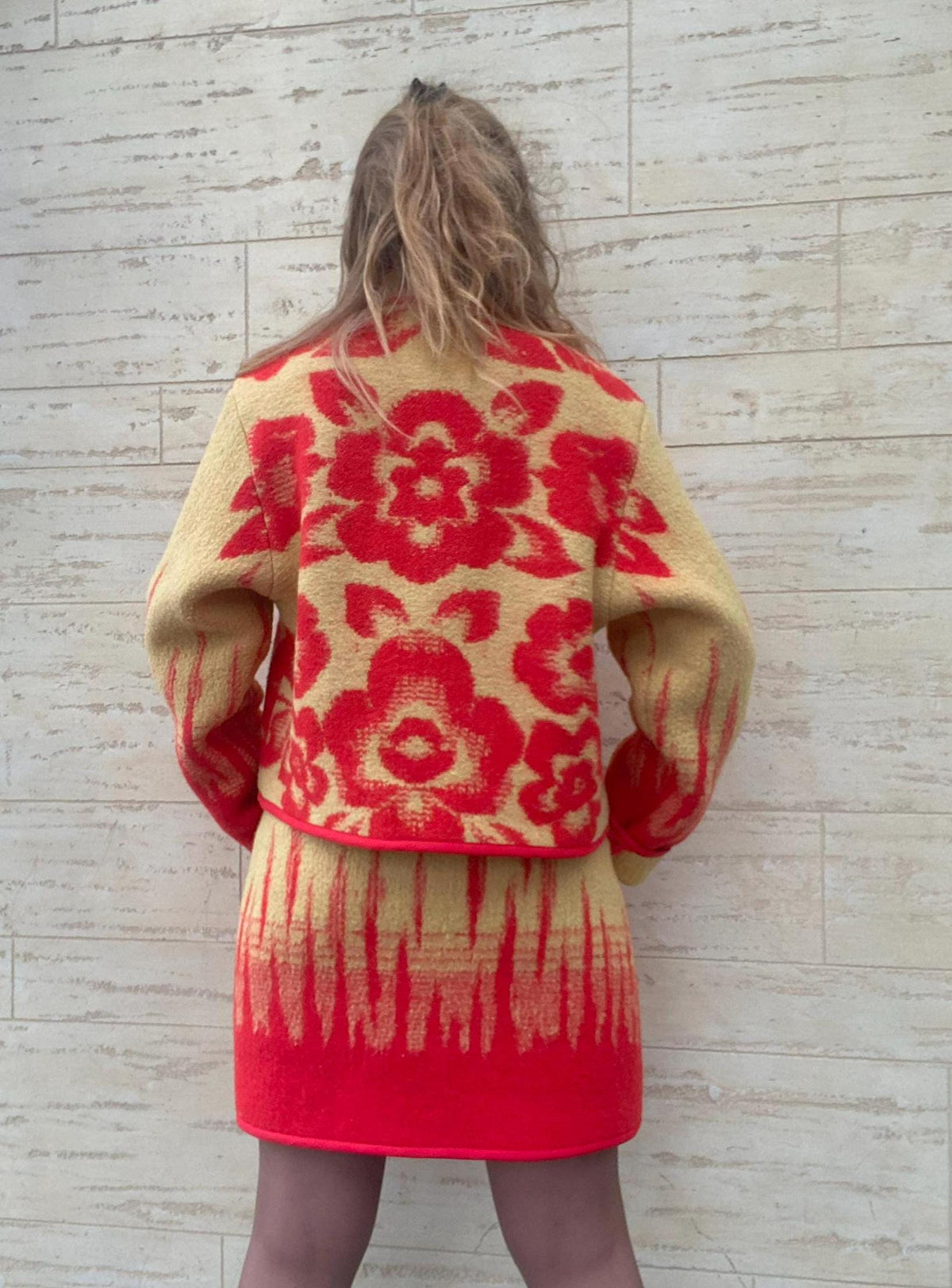 Upcycled Wool Jacket and Skirt Set, Red Floral Blanket Coat, Size M
