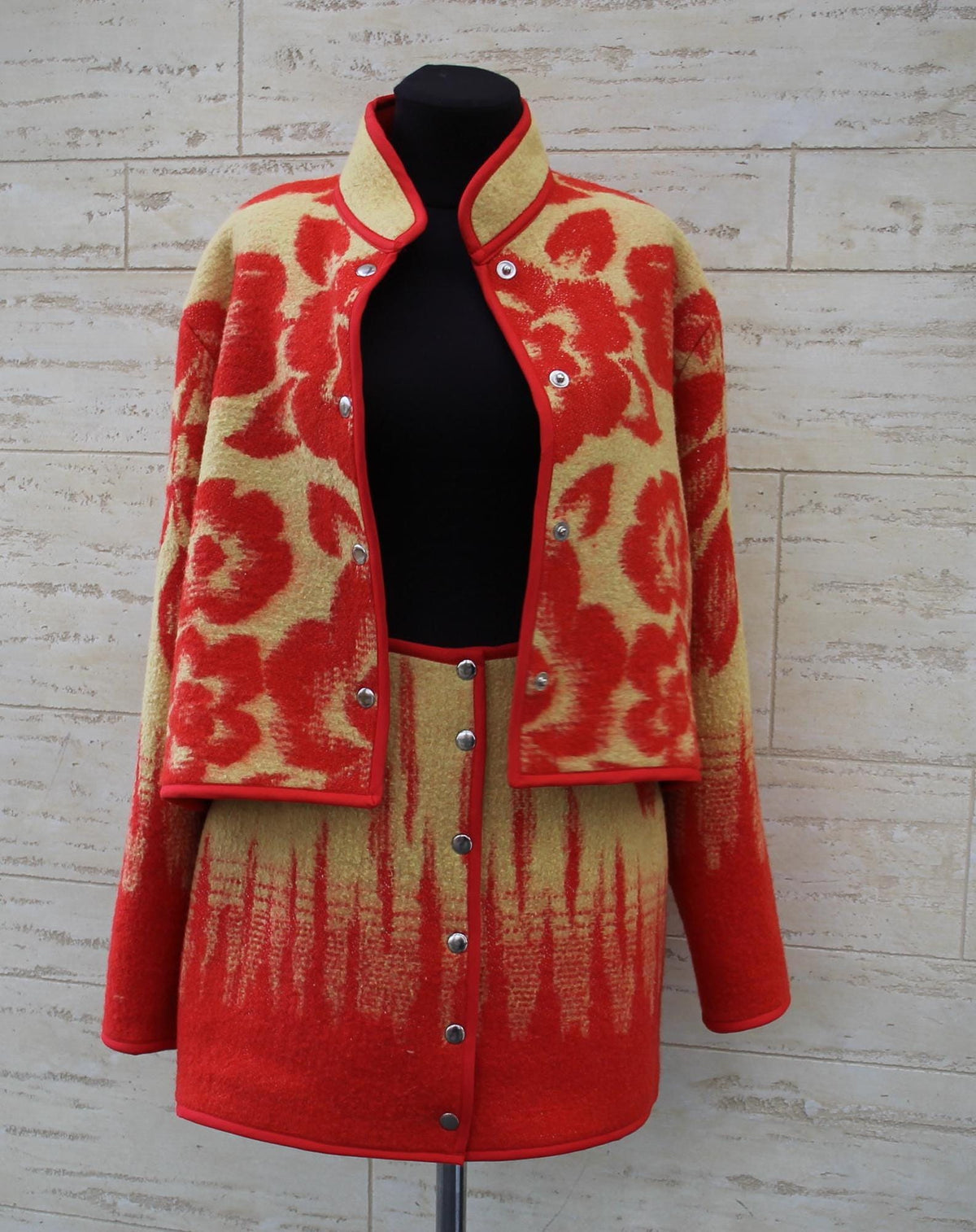 Upcycled Wool Jacket and Skirt Set, Red Floral Blanket Coat, Size M