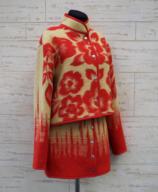 Upcycled Wool Jacket and Skirt Set, Red Floral Blanket Coat, Size M