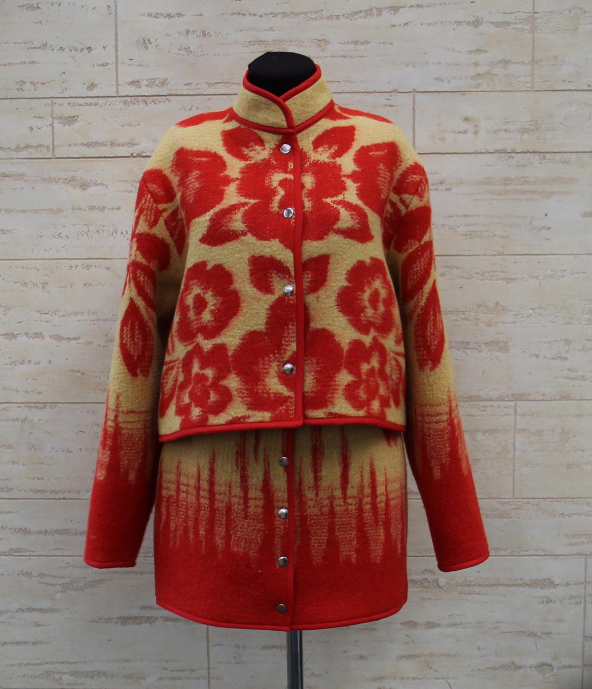 Upcycled Wool Jacket and Skirt Set, Red Floral Blanket Coat, Size M